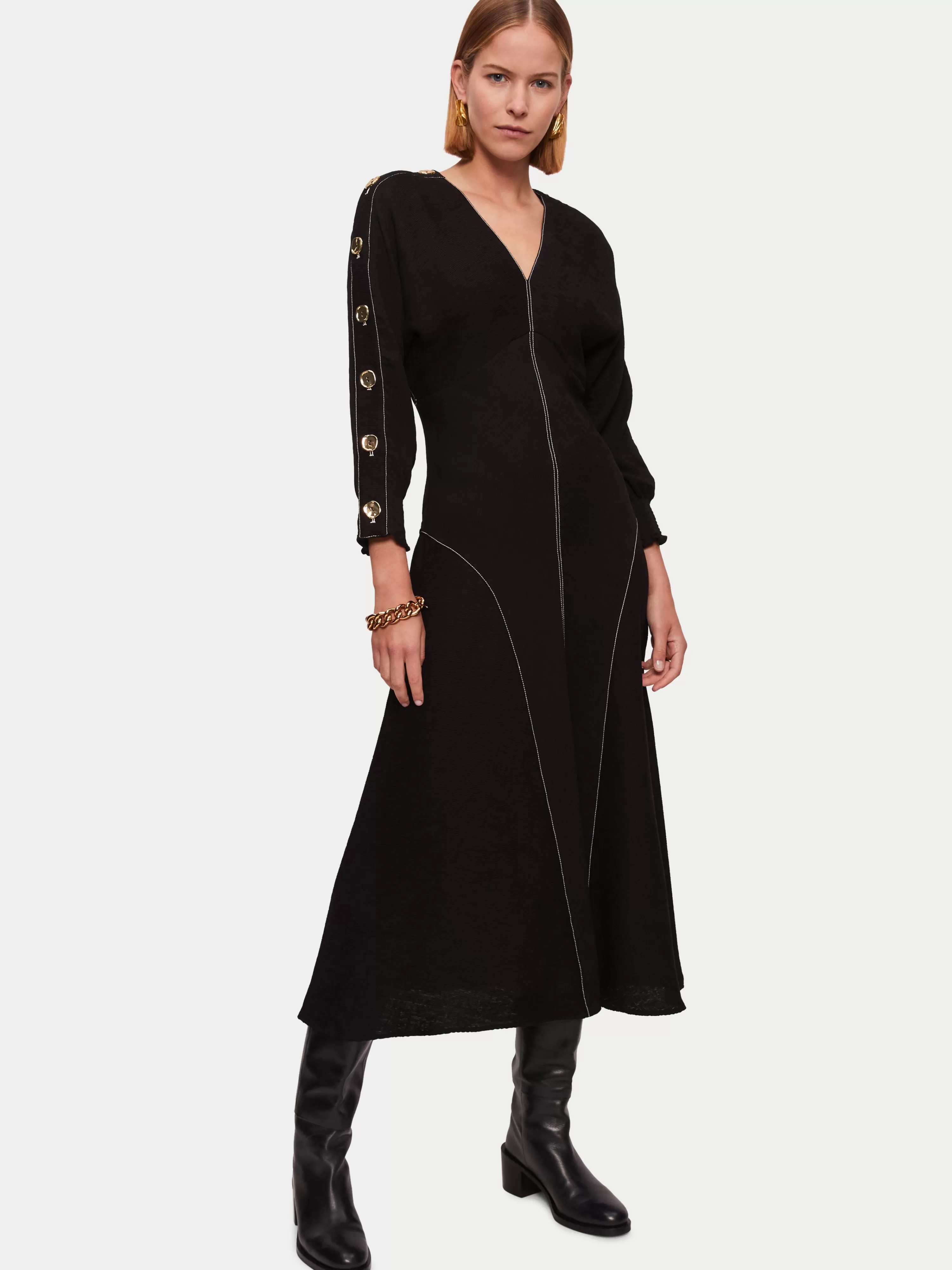 Jigsaw Button Detail Crepe Midi Dress-Women Dresses & Jumpsuits