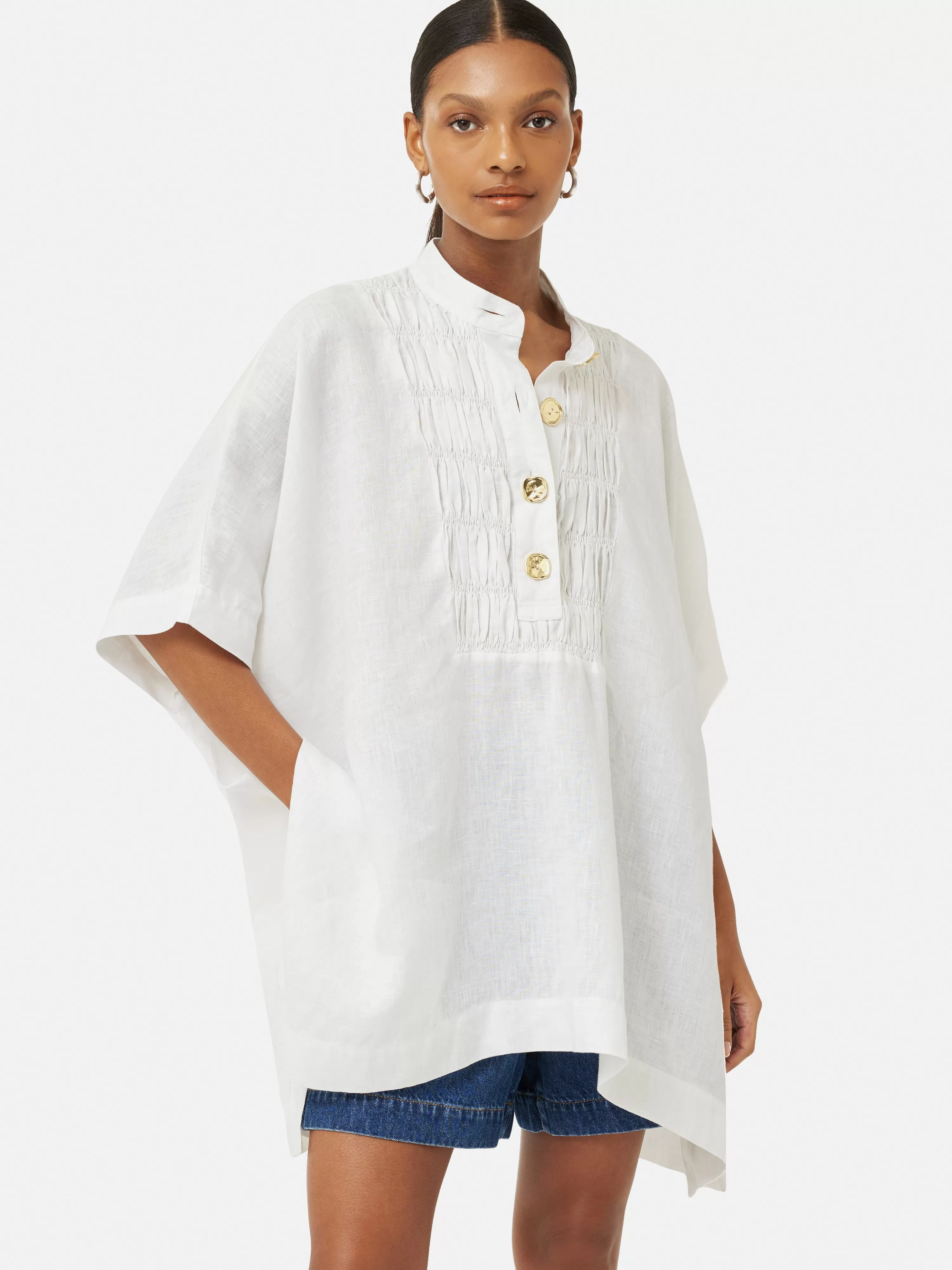 Jigsaw Button Detail Linen Kaftan-Women Tops