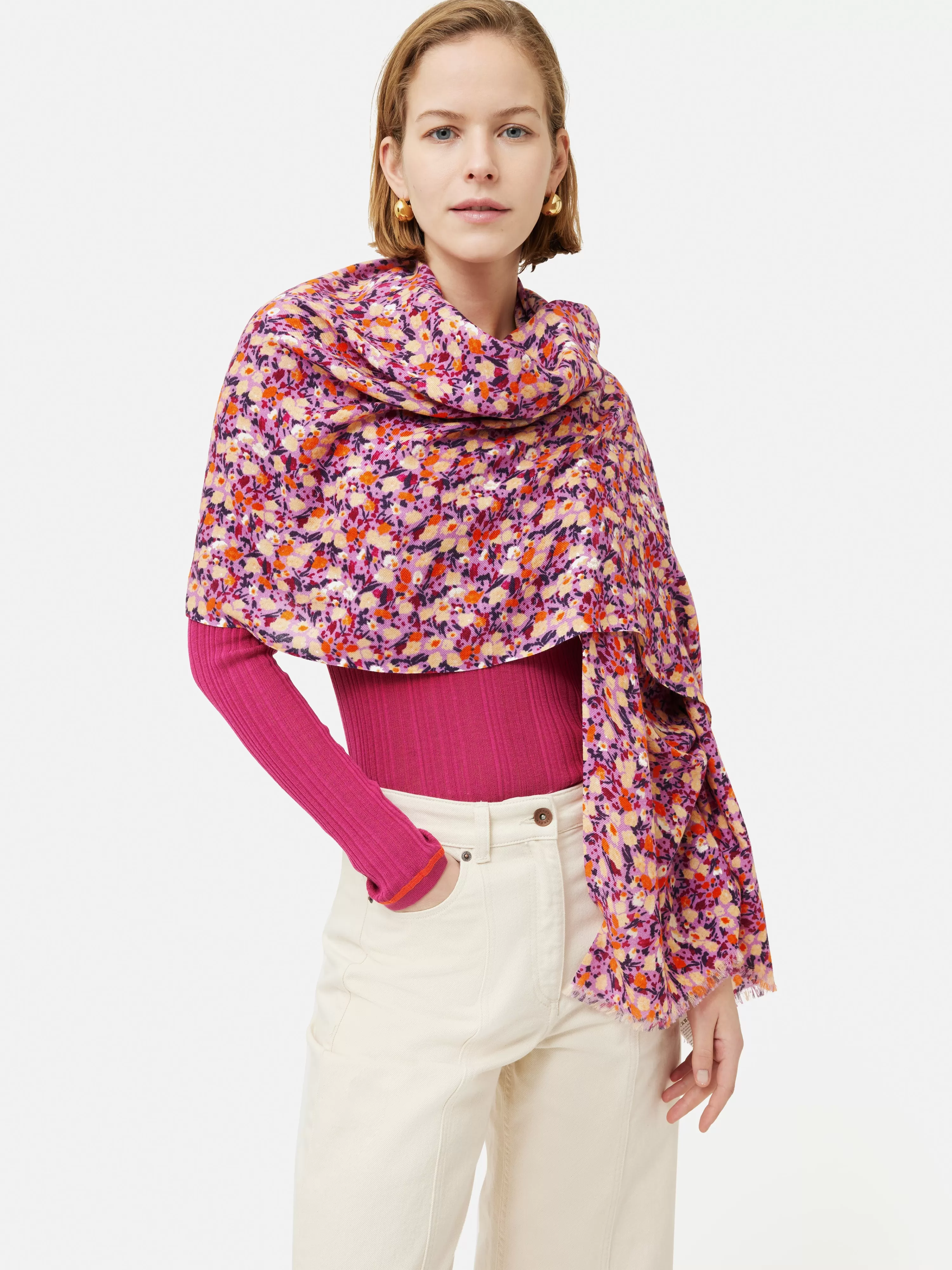 Jigsaw Carnation Wool Silk Scarf-Women Ponchos & Scarves