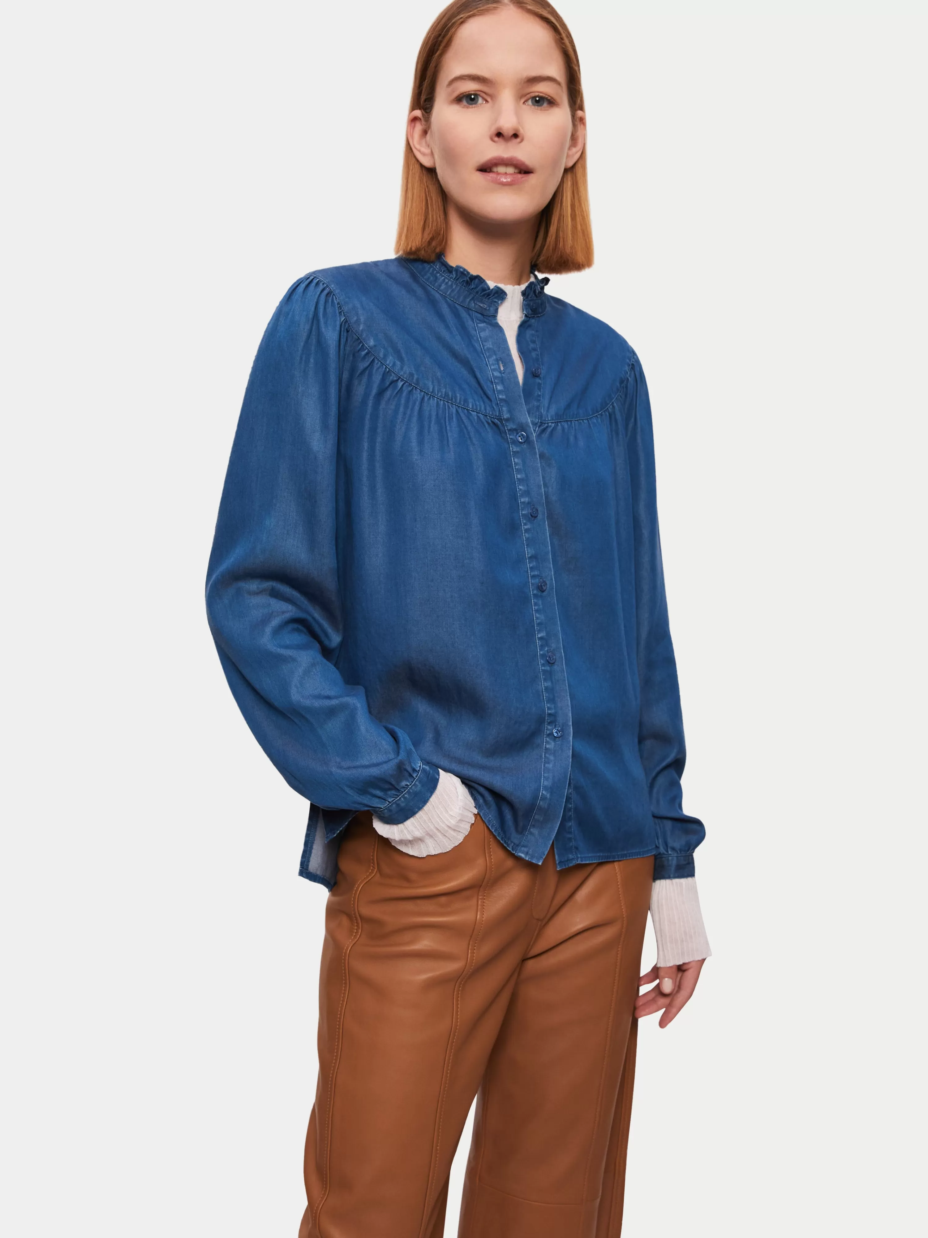 Jigsaw Chambray Ruffle Neck Top-Women Tops