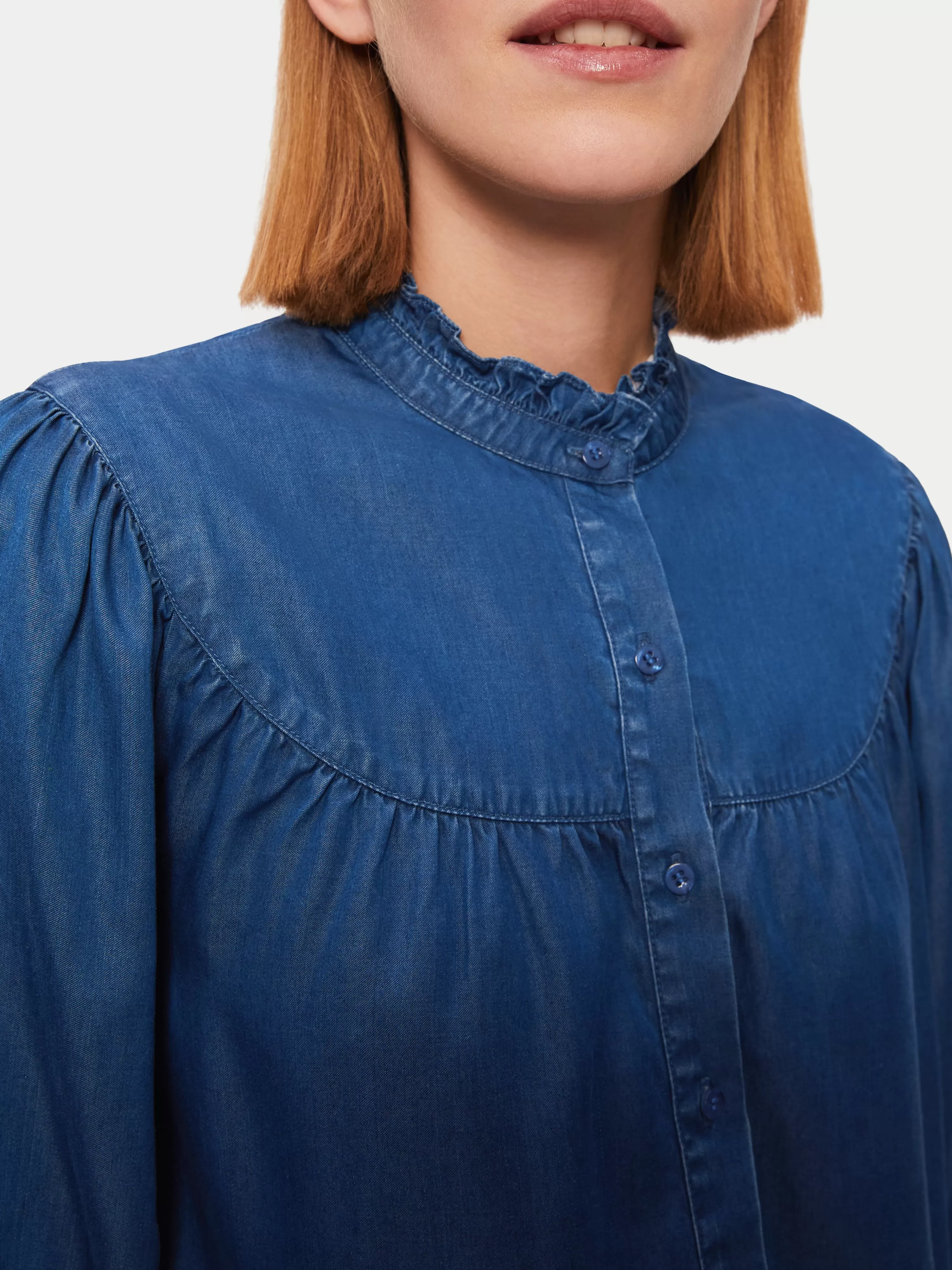 Jigsaw Chambray Ruffle Neck Top-Women Tops