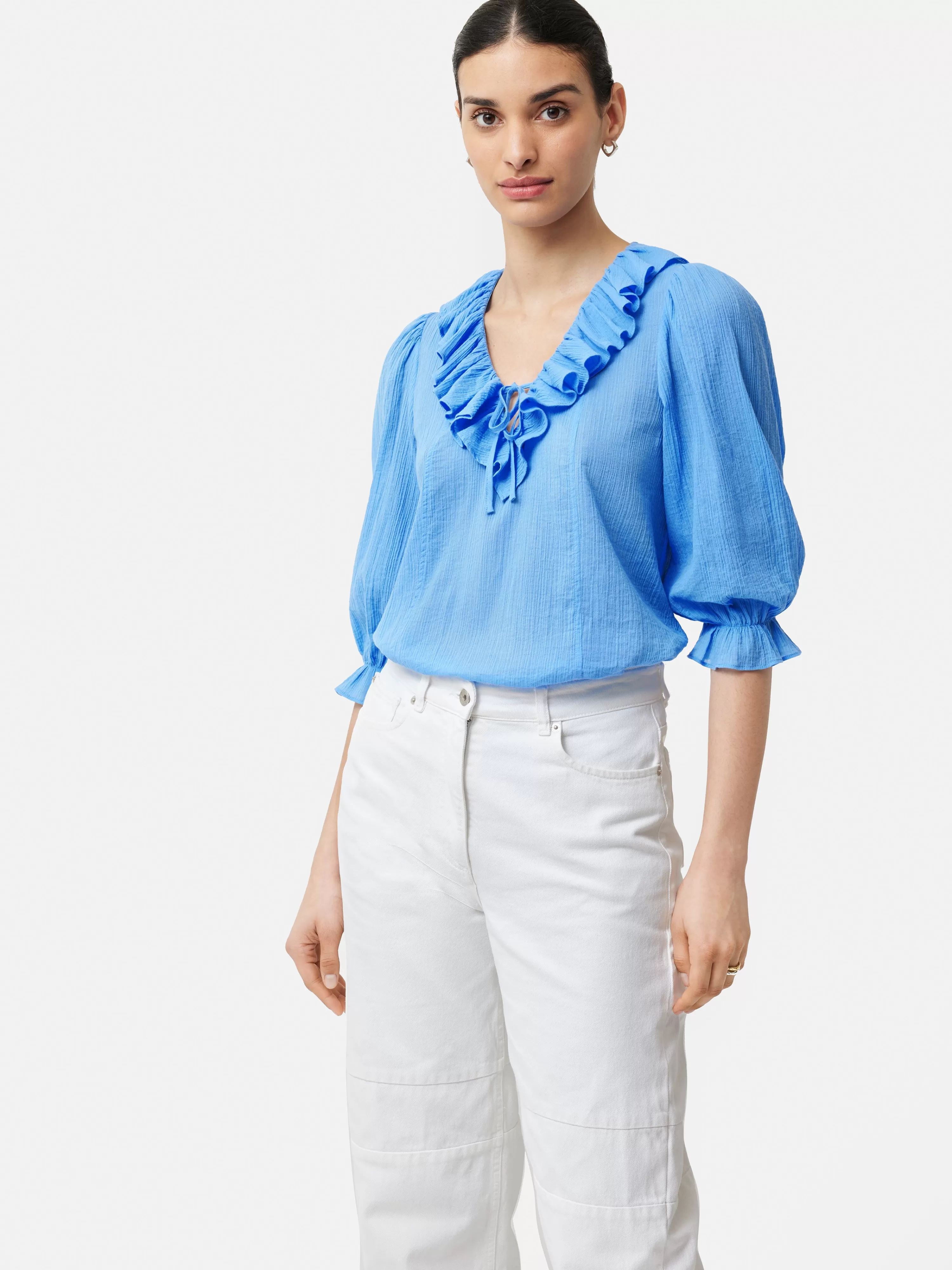 Jigsaw Cotton Crinkle Ruffle Top-Women Tops