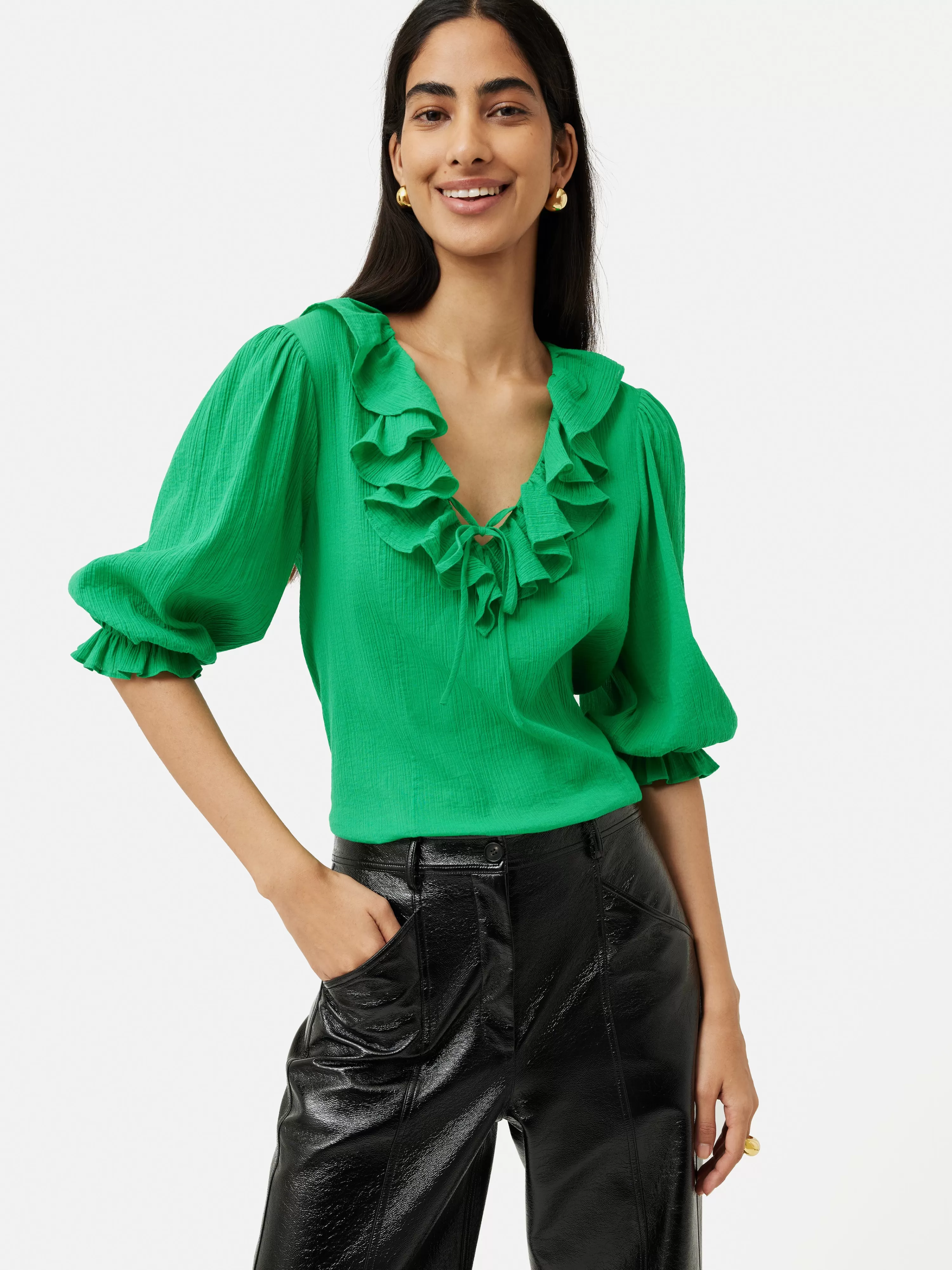 Jigsaw Cotton Crinkle Ruffle Top-Women Tops