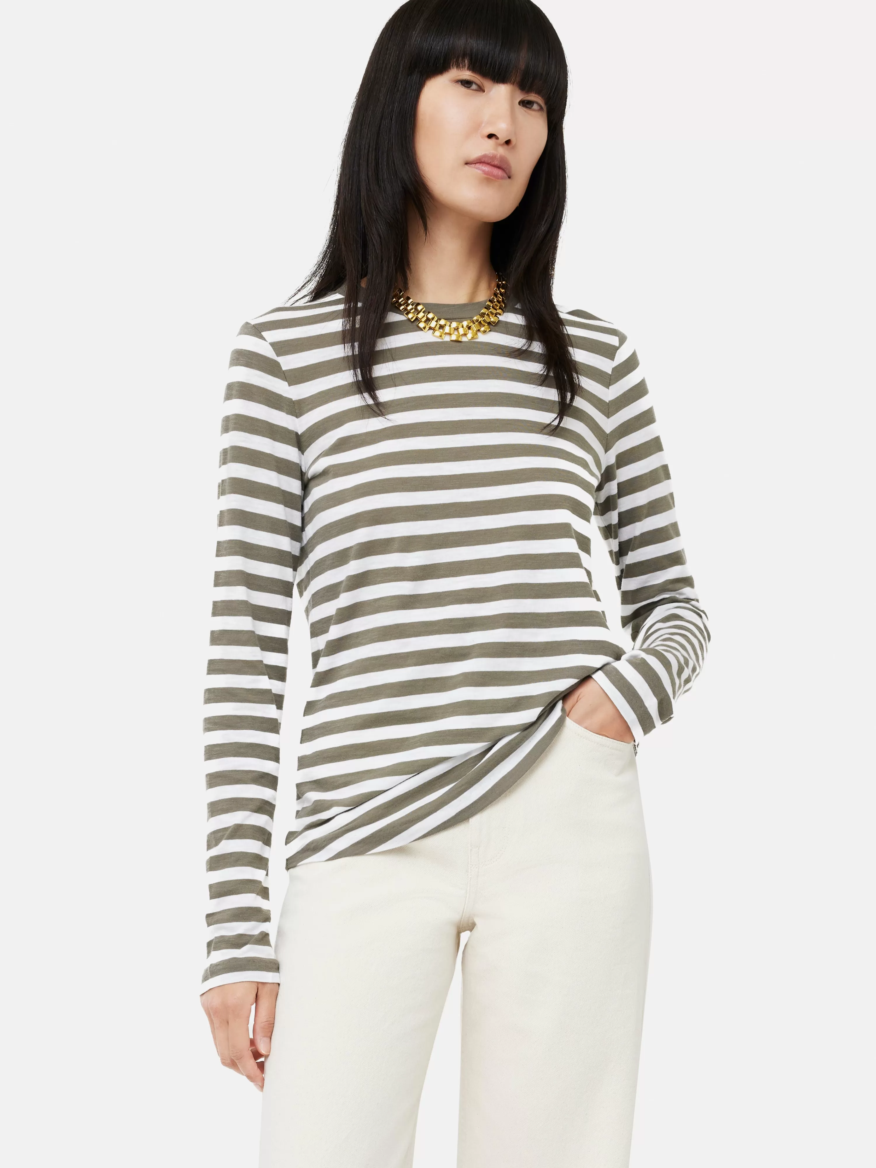 Jigsaw Cotton Slub Stripe Long Sleeve Tee-Women Tops