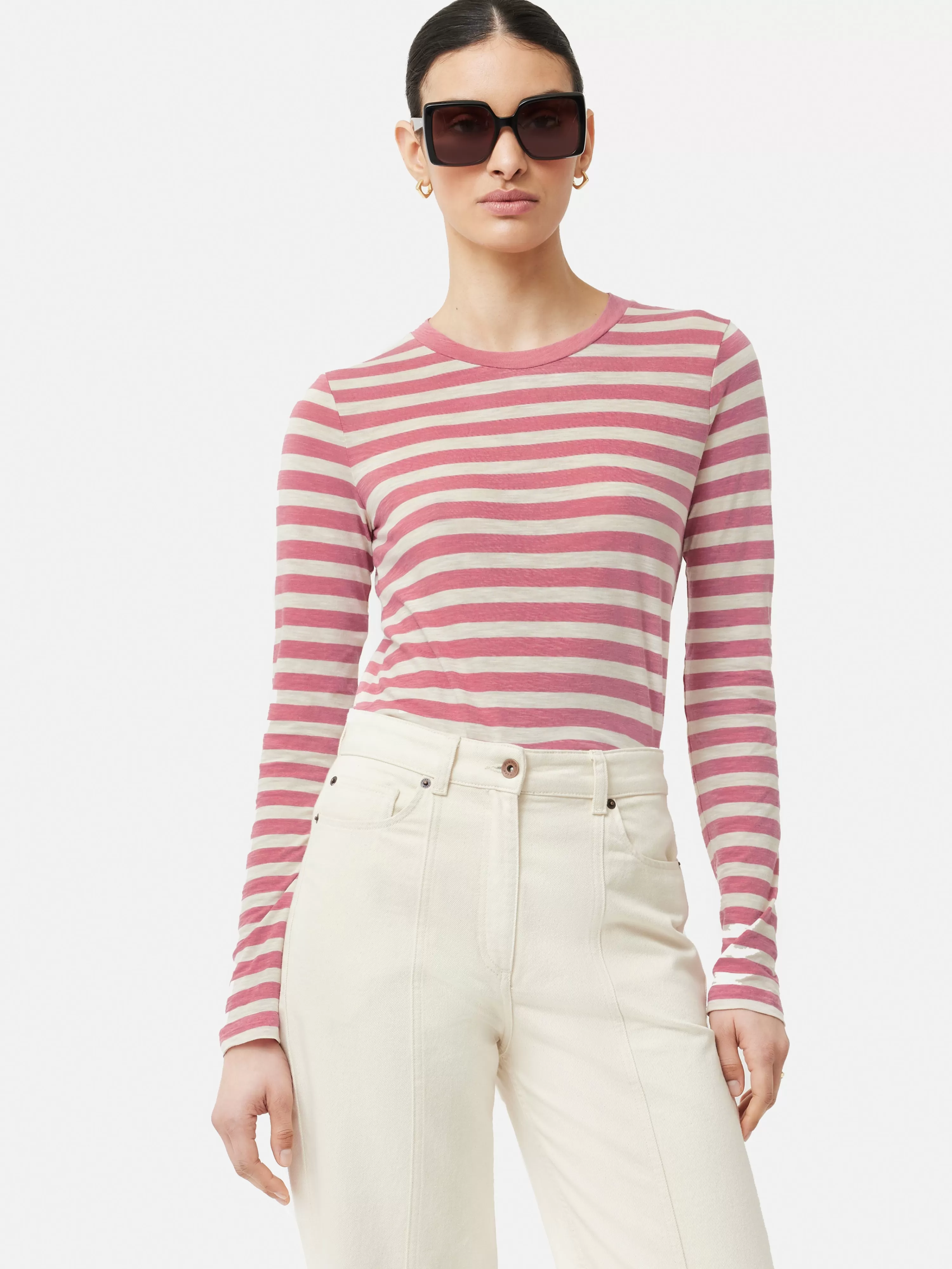 Jigsaw Cotton Slub Stripe Long Sleeve Tee-Women Tops