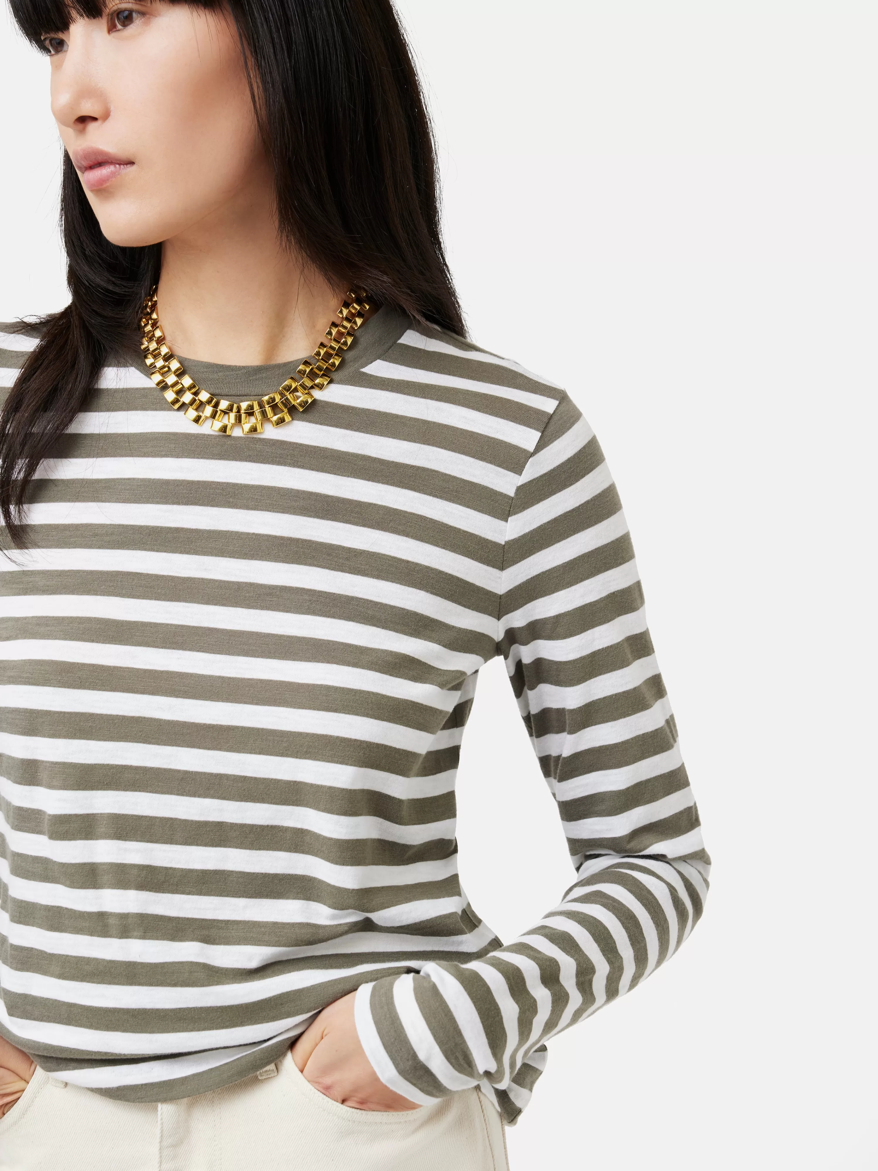 Jigsaw Cotton Slub Stripe Long Sleeve Tee-Women Tops