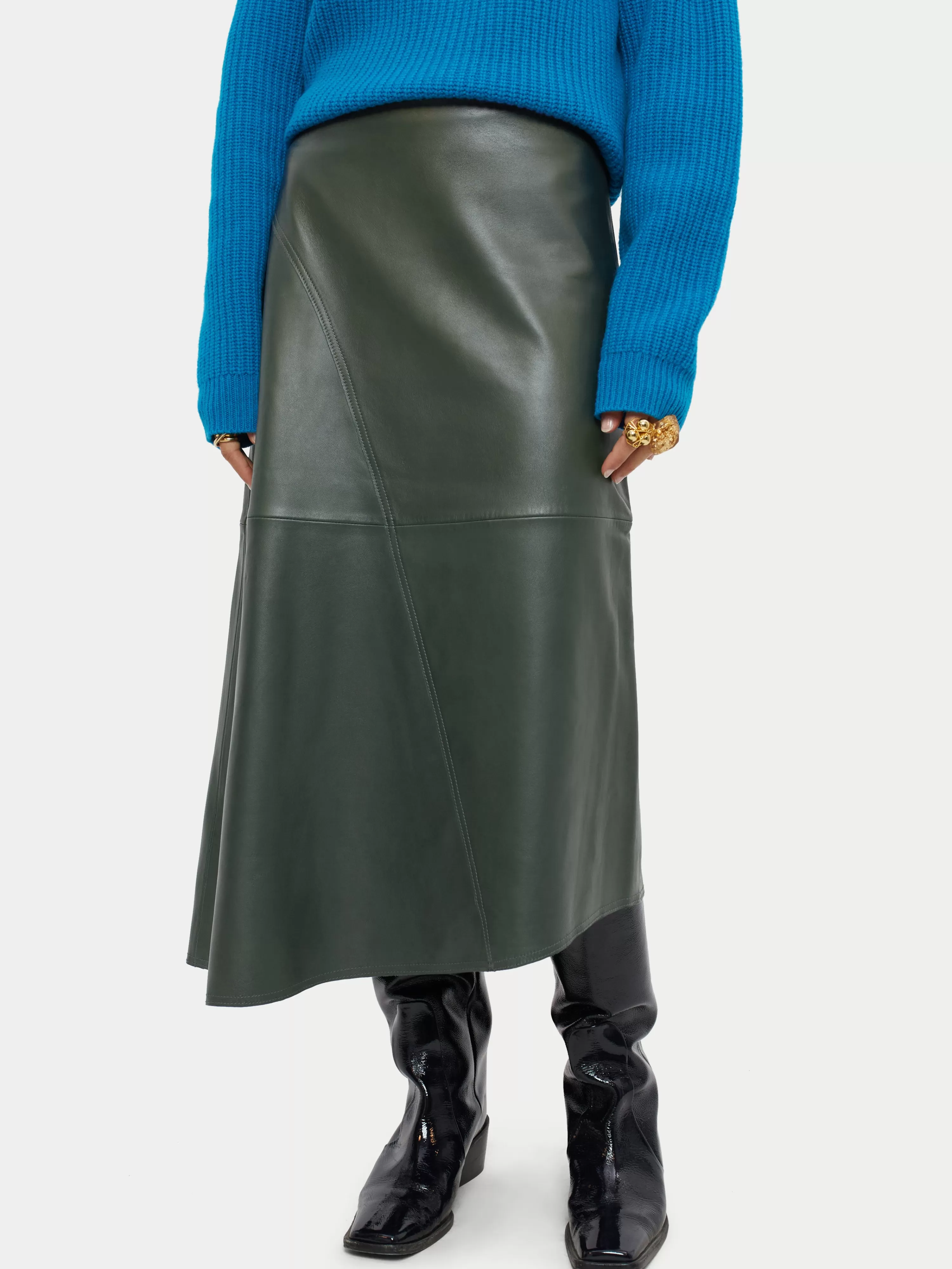 Jigsaw Leather Midi Asymmetric Skirt-Women Skirts