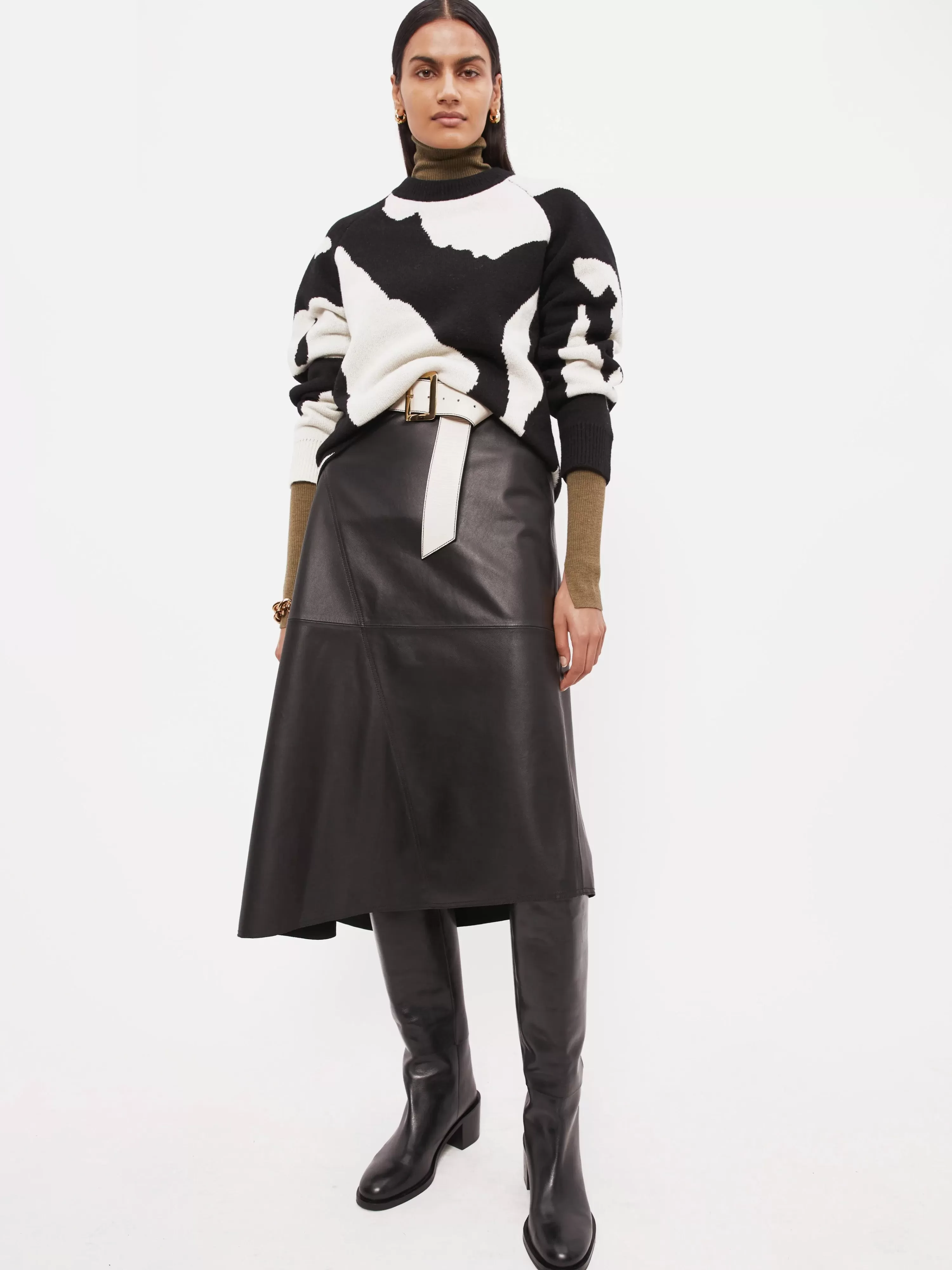 Jigsaw Leather Midi Asymmetric Skirt-Women Skirts