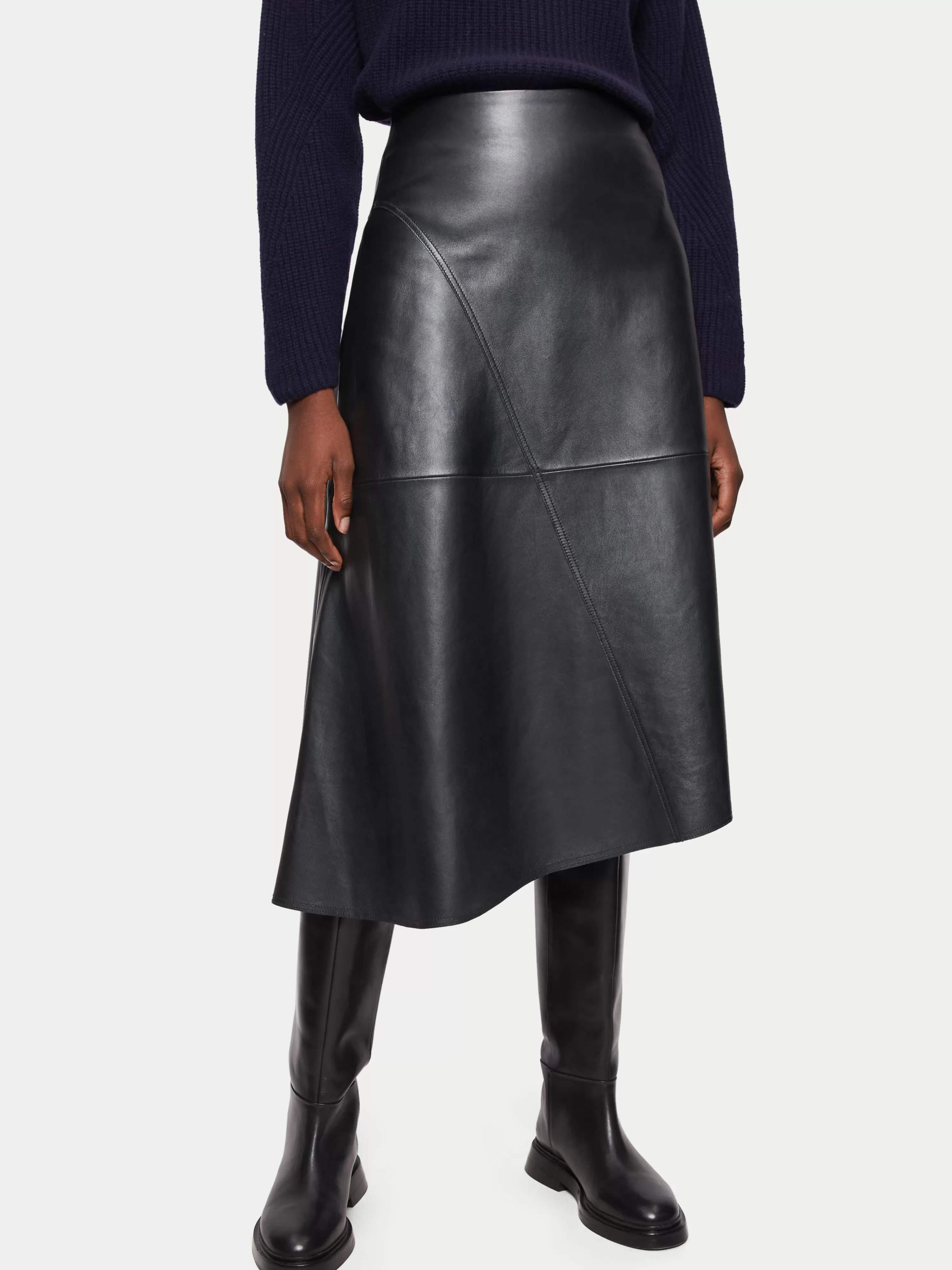 Jigsaw Leather Midi Asymmetric Skirt-Women Skirts