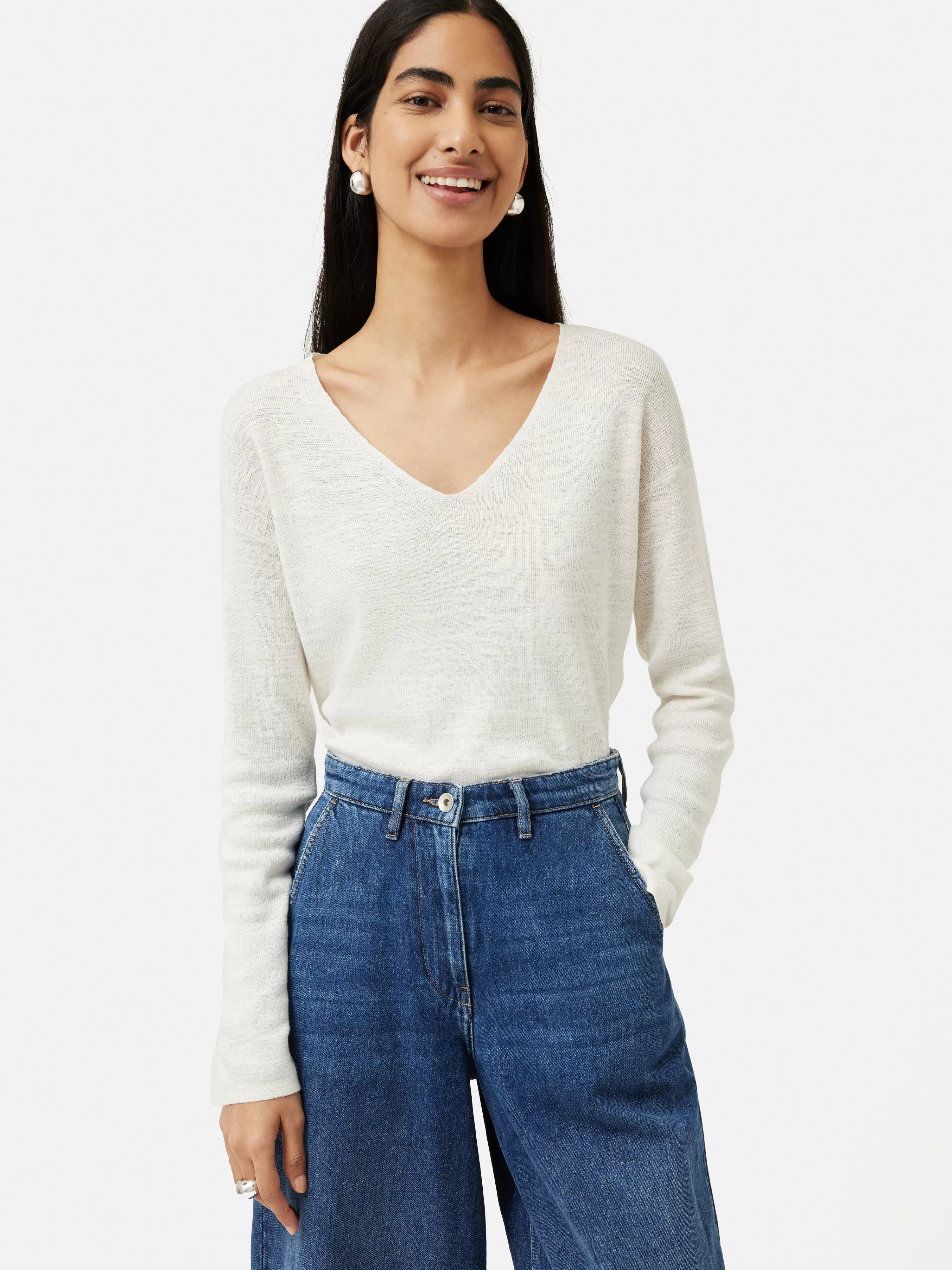 Jigsaw Linen Cotton V Neck Jumper-Women Tops