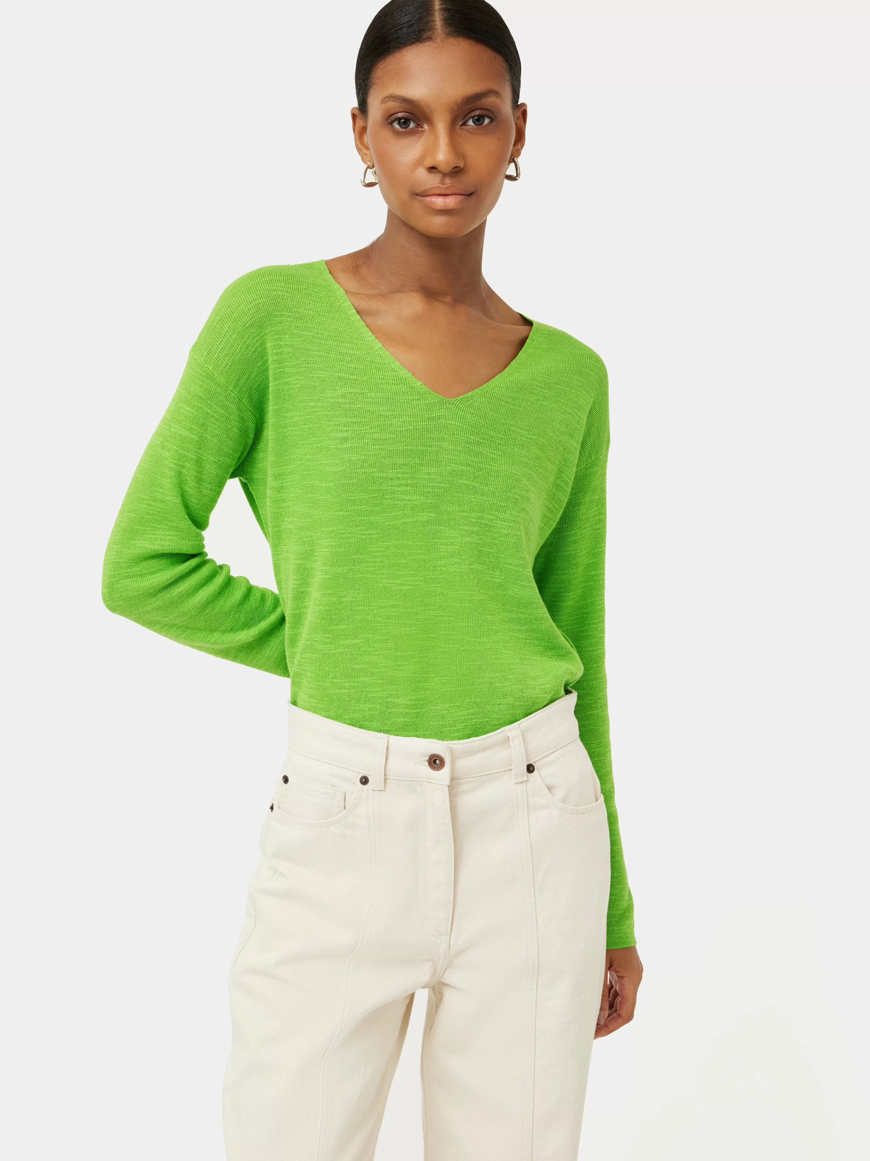 Jigsaw Linen Cotton V Neck Jumper-Women Knitwear & Cashmere