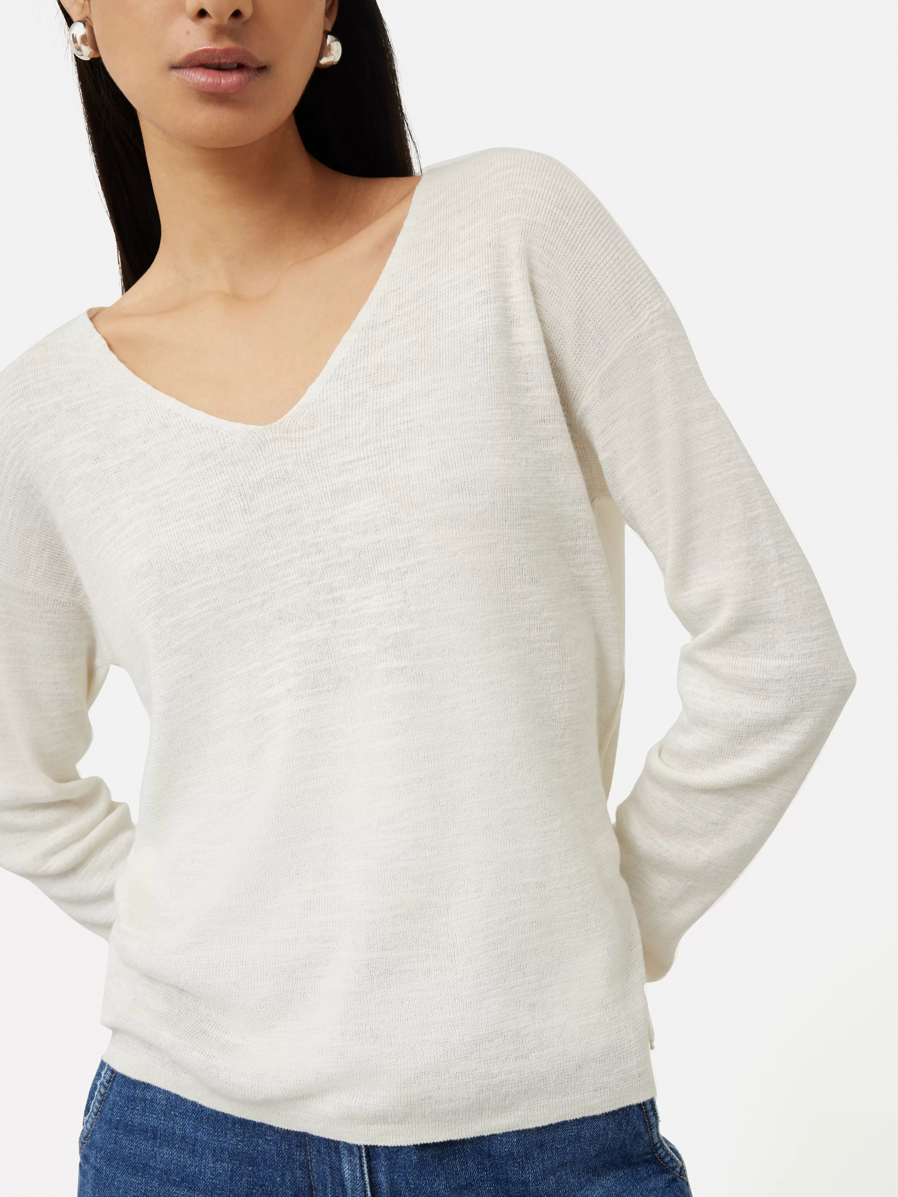 Jigsaw Linen Cotton V Neck Jumper-Women Tops