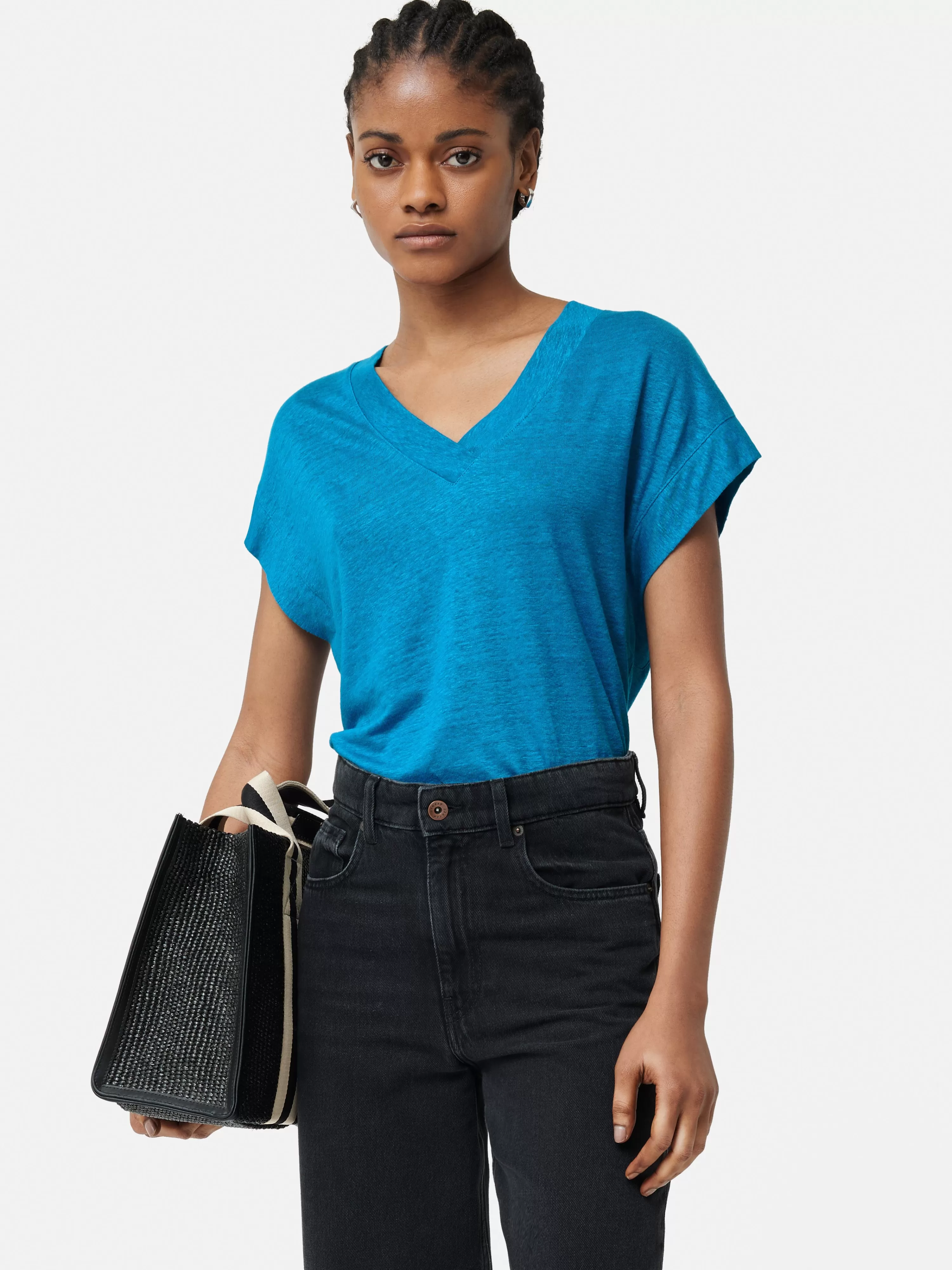 Jigsaw Linen Short Sleeve V Neck Tee-Women Tops