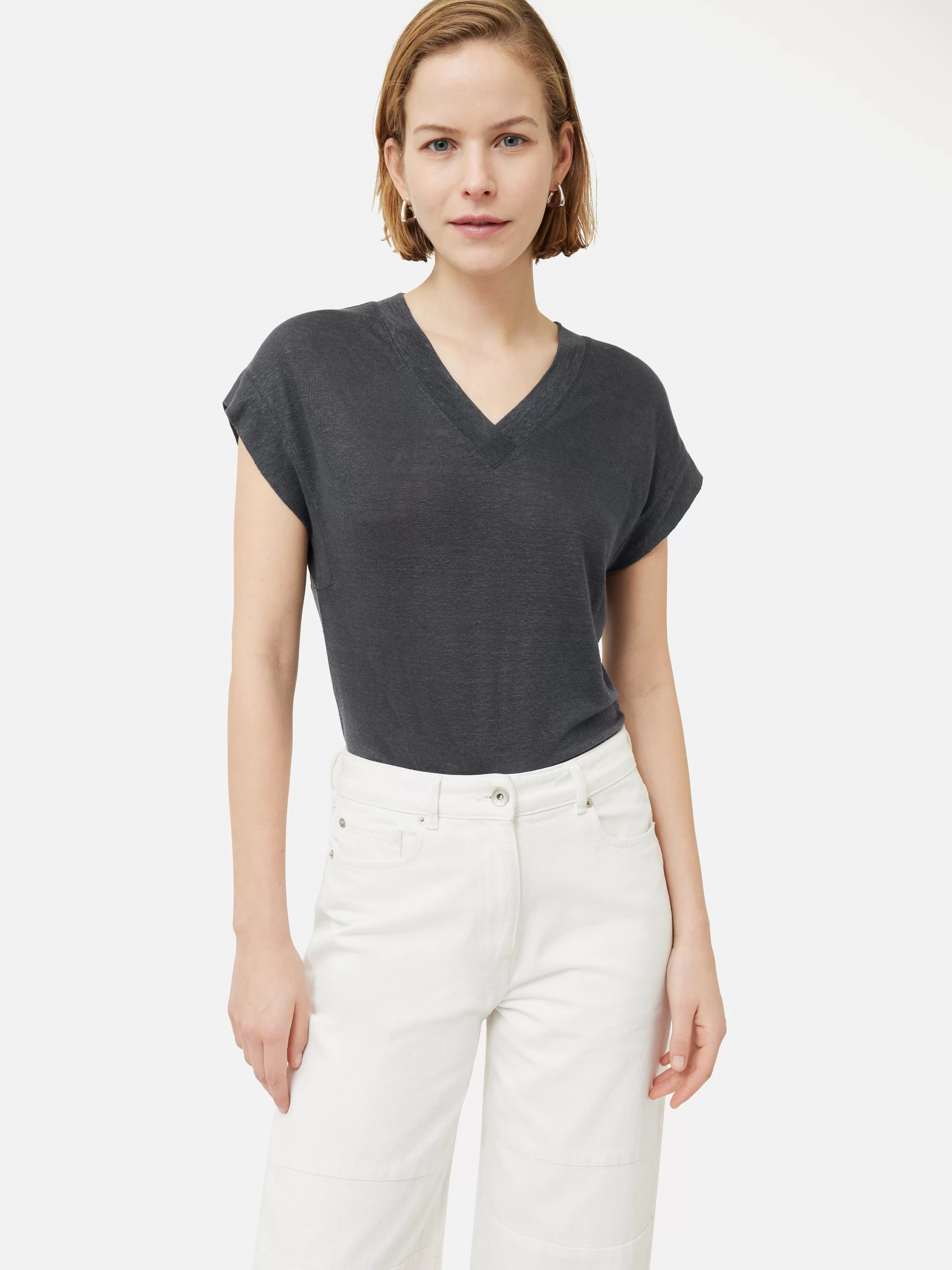 Jigsaw Linen Short Sleeve V Neck Tee-Women Tops