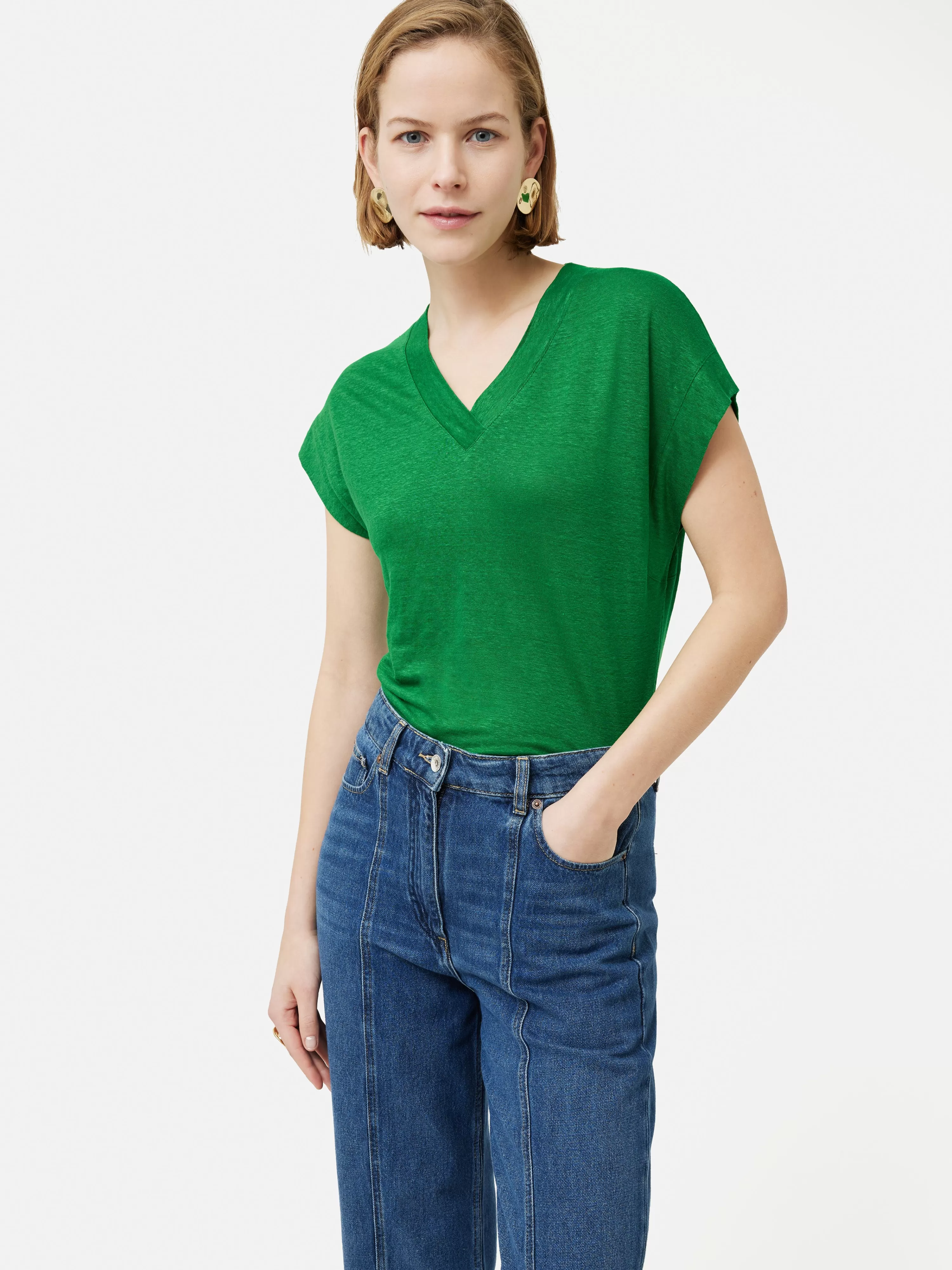 Jigsaw Linen Short Sleeve V Neck Tee-Women Tops