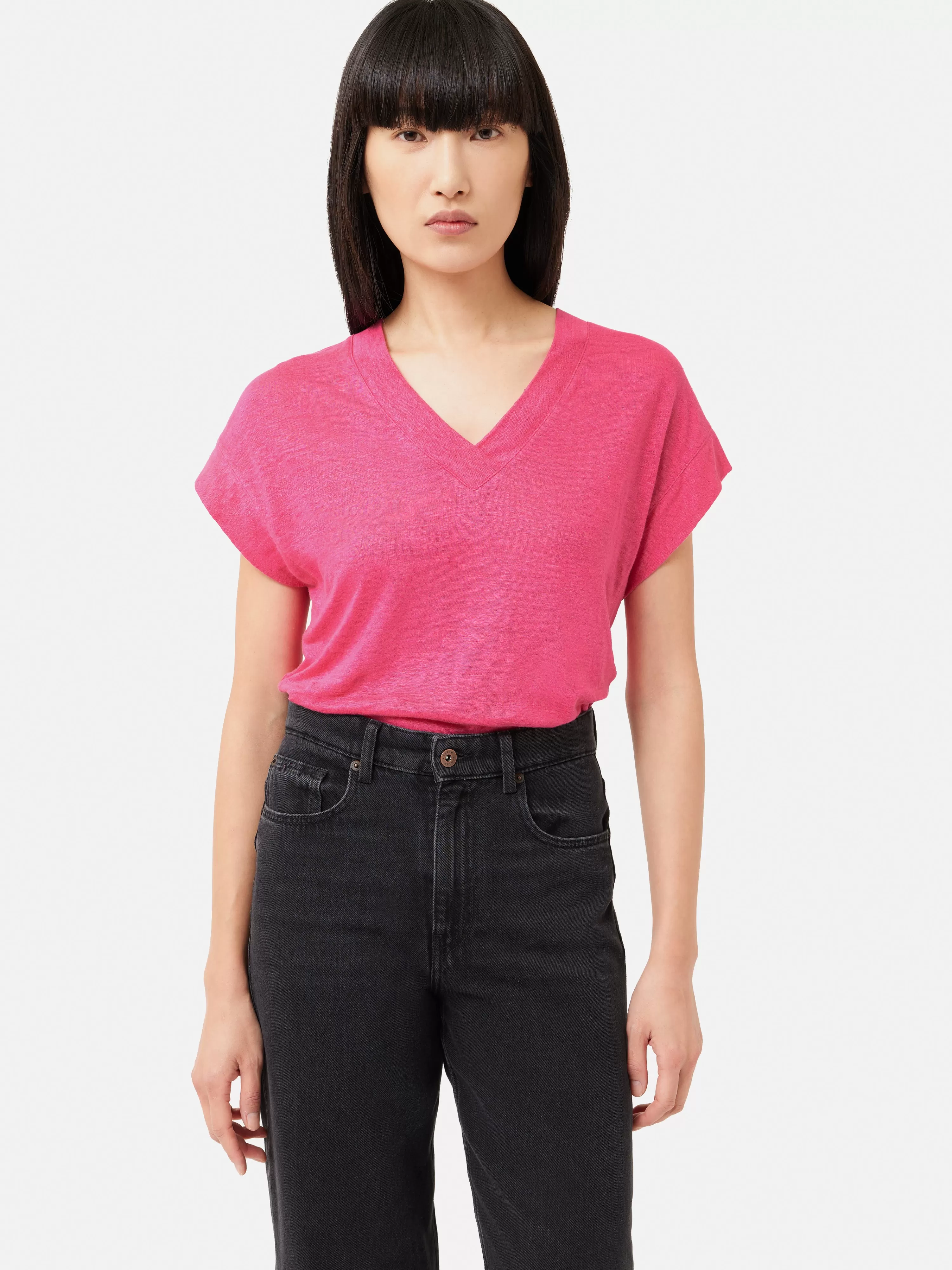 Jigsaw Linen Short Sleeve V Neck Tee-Women Tops