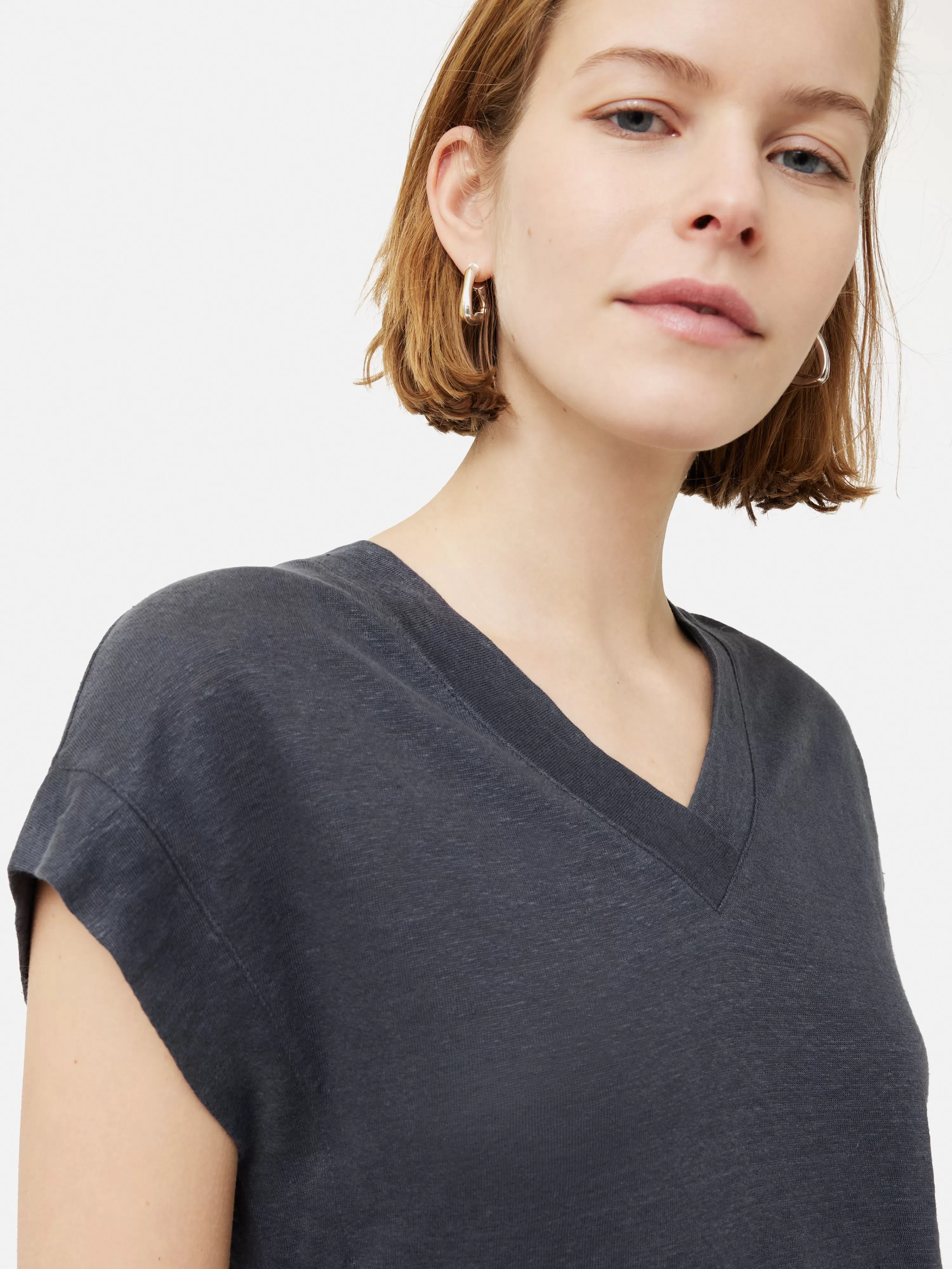 Jigsaw Linen Short Sleeve V Neck Tee-Women Tops