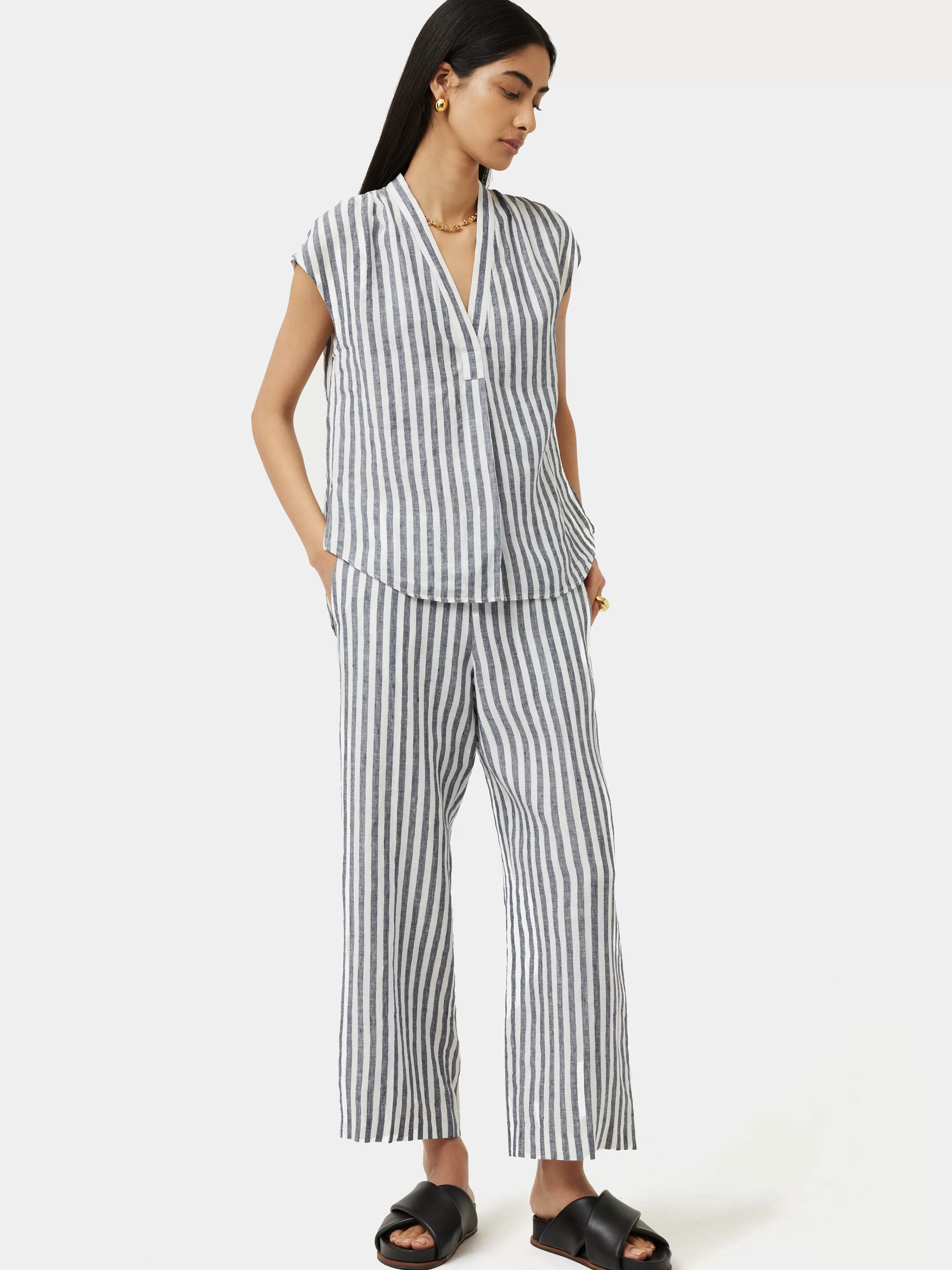 Jigsaw Linen Stripe Palazzo Trouser-Women Trousers