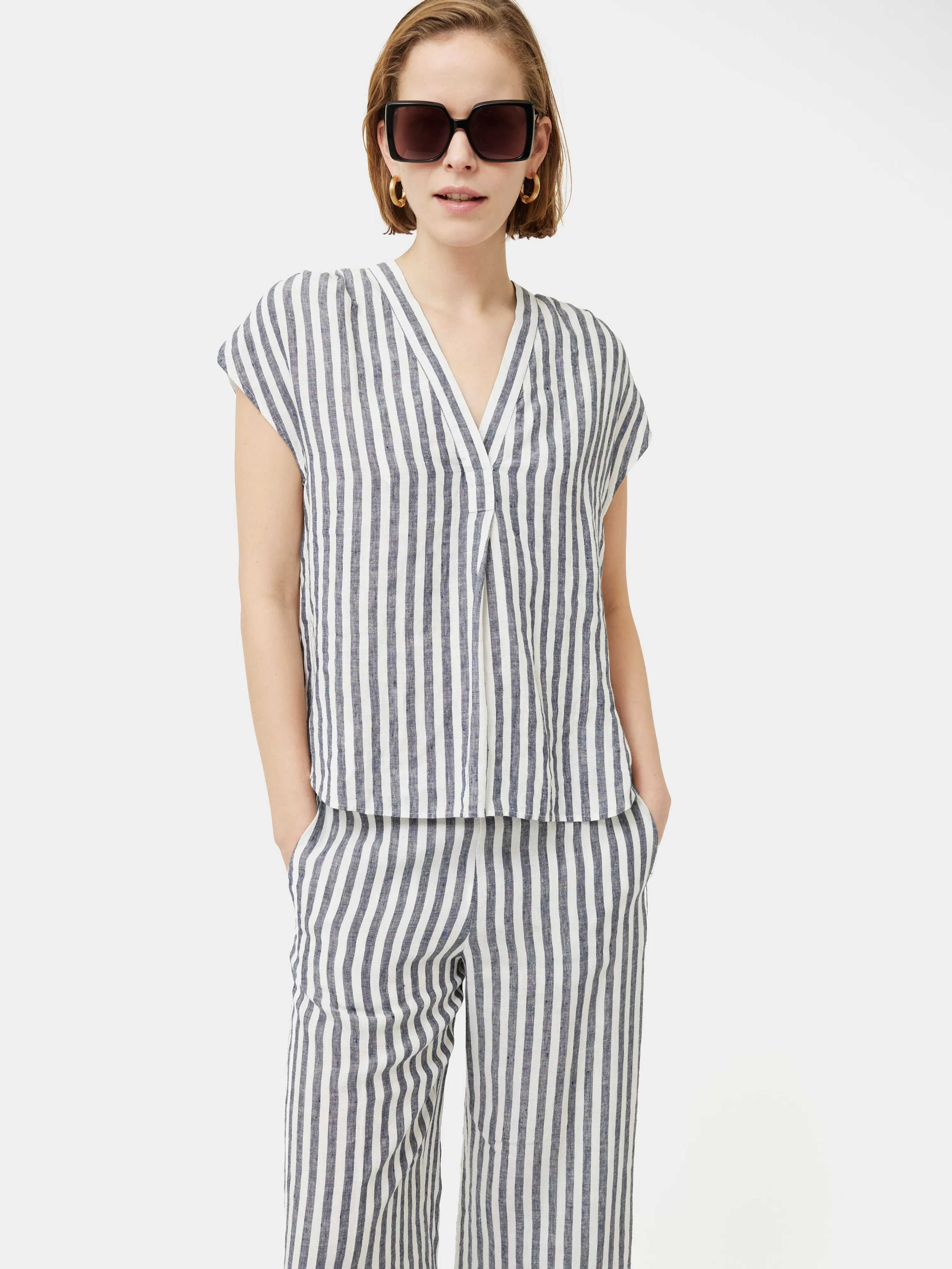 Jigsaw Linen Stripe V Neck Topv Neck Top-Women Co-Ords & Suiting