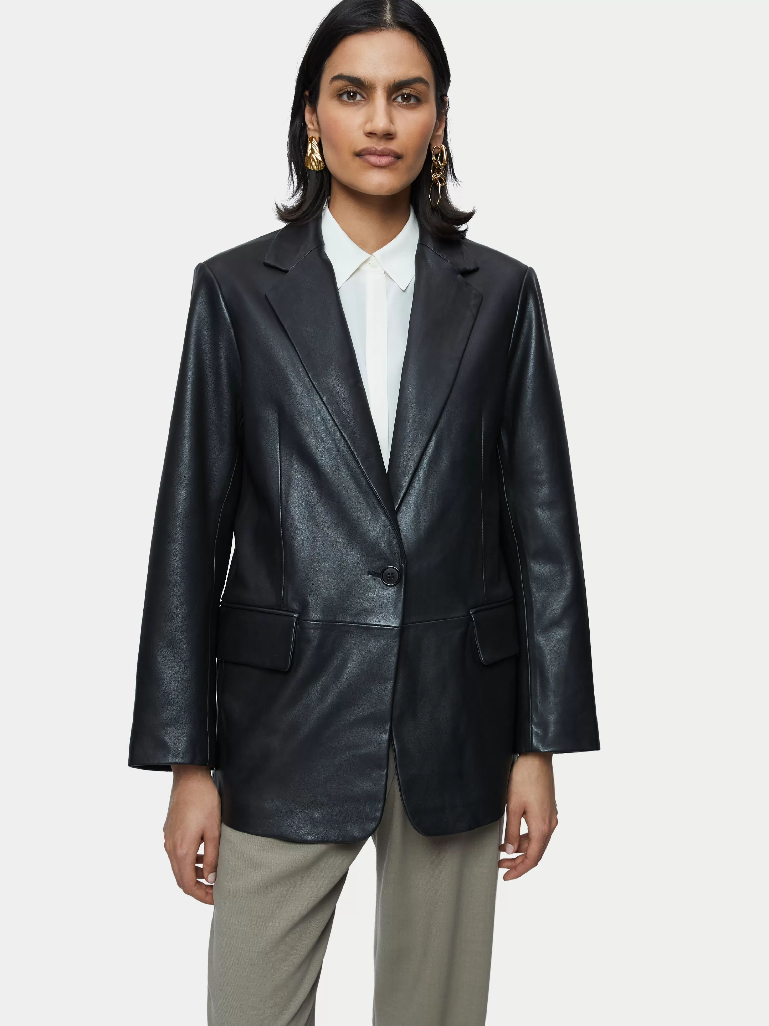 Jigsaw Oversized Leather Blazer-Women Coats & Jackets