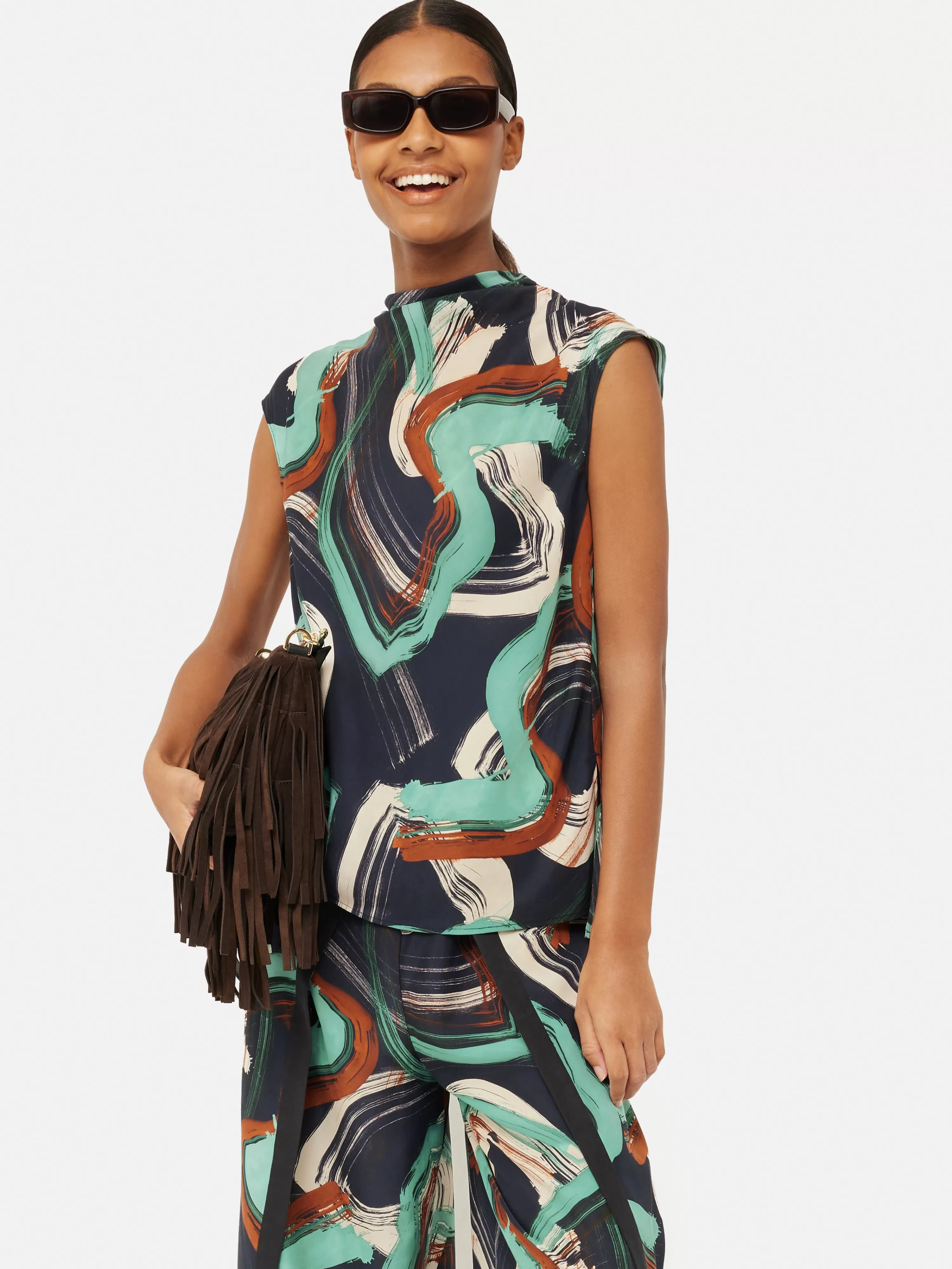 Jigsaw Painted Abstract Silk Cowl Top-Women Tops