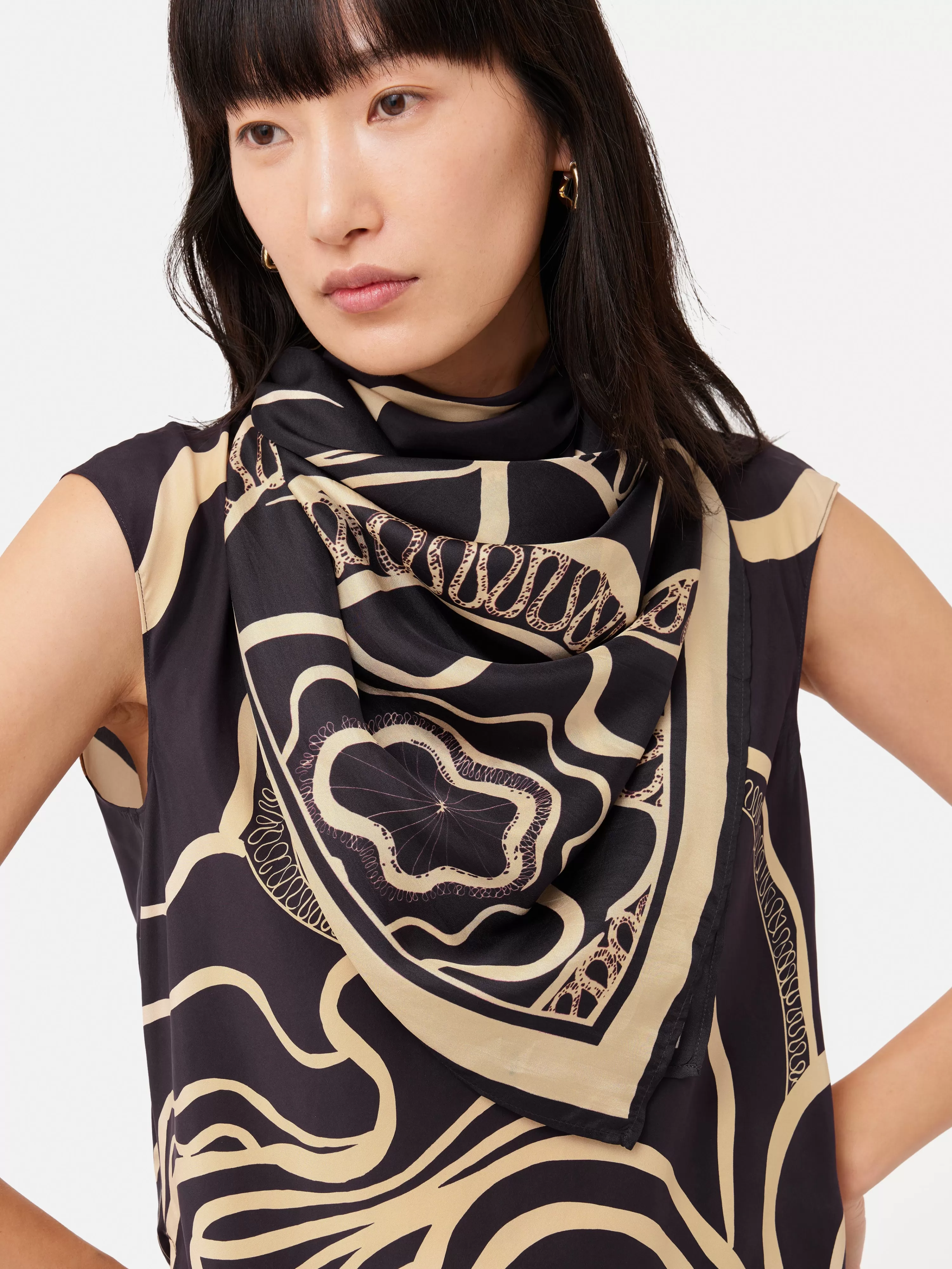 Jigsaw Sharan Ranshi Linework Silk Square Scarf-Women Ponchos & Scarves