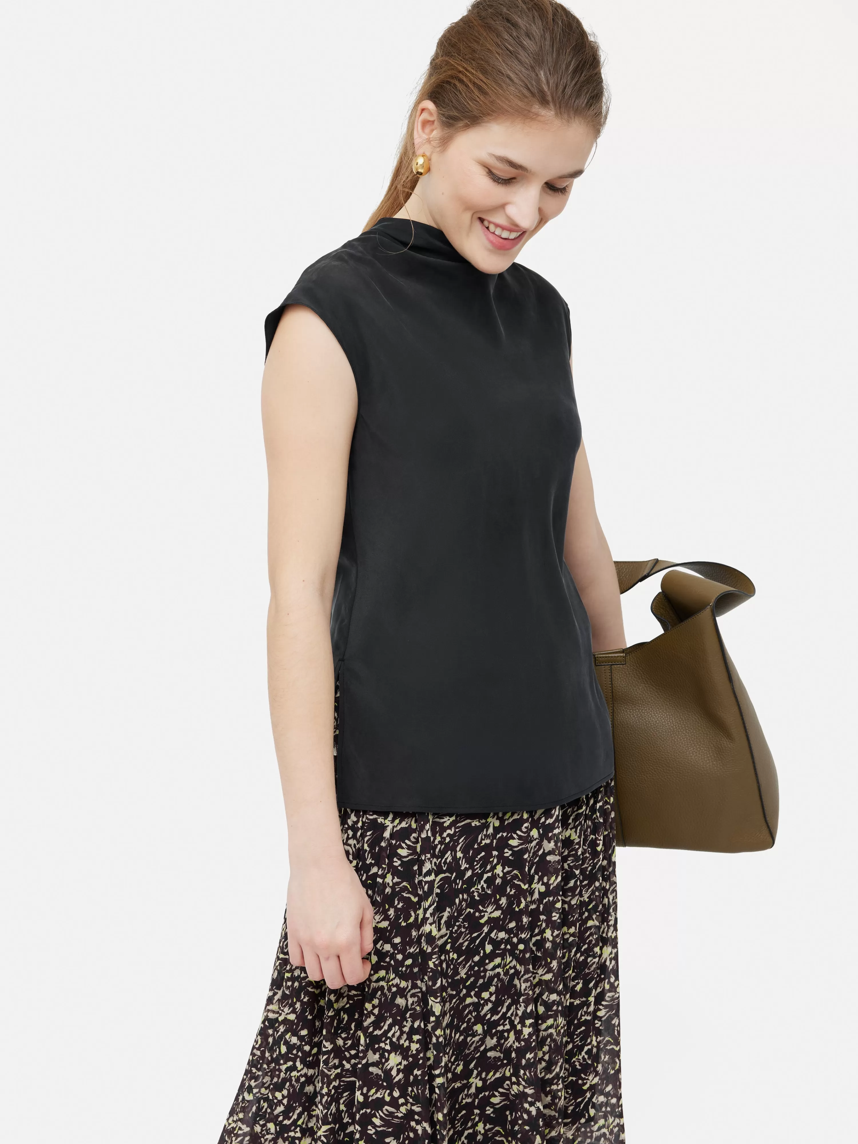 Jigsaw Silk Habotai Cowl Neck Top-Women Tops