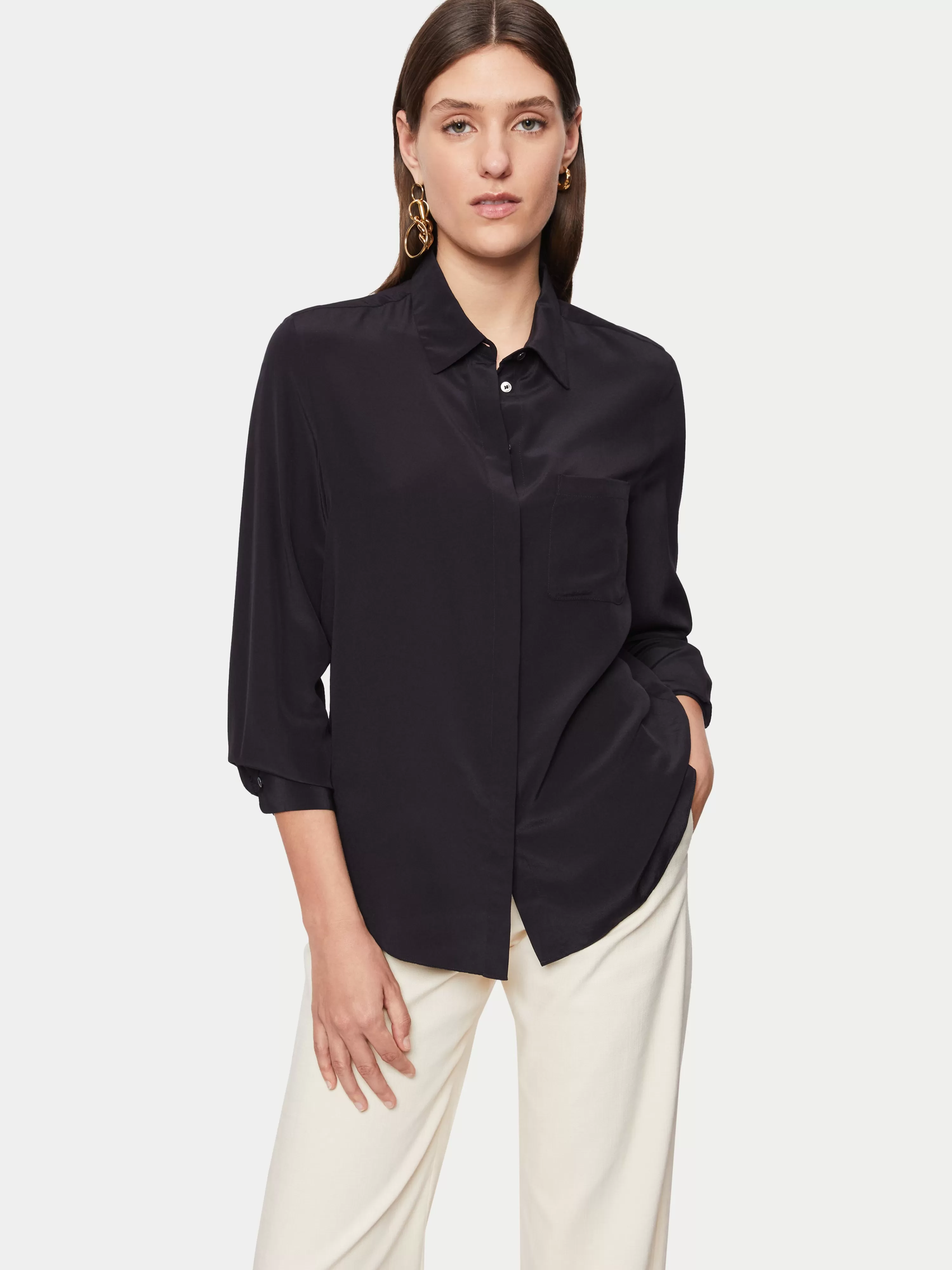 Jigsaw Silk Pocket Long Sleeve Shirt-Women Tops