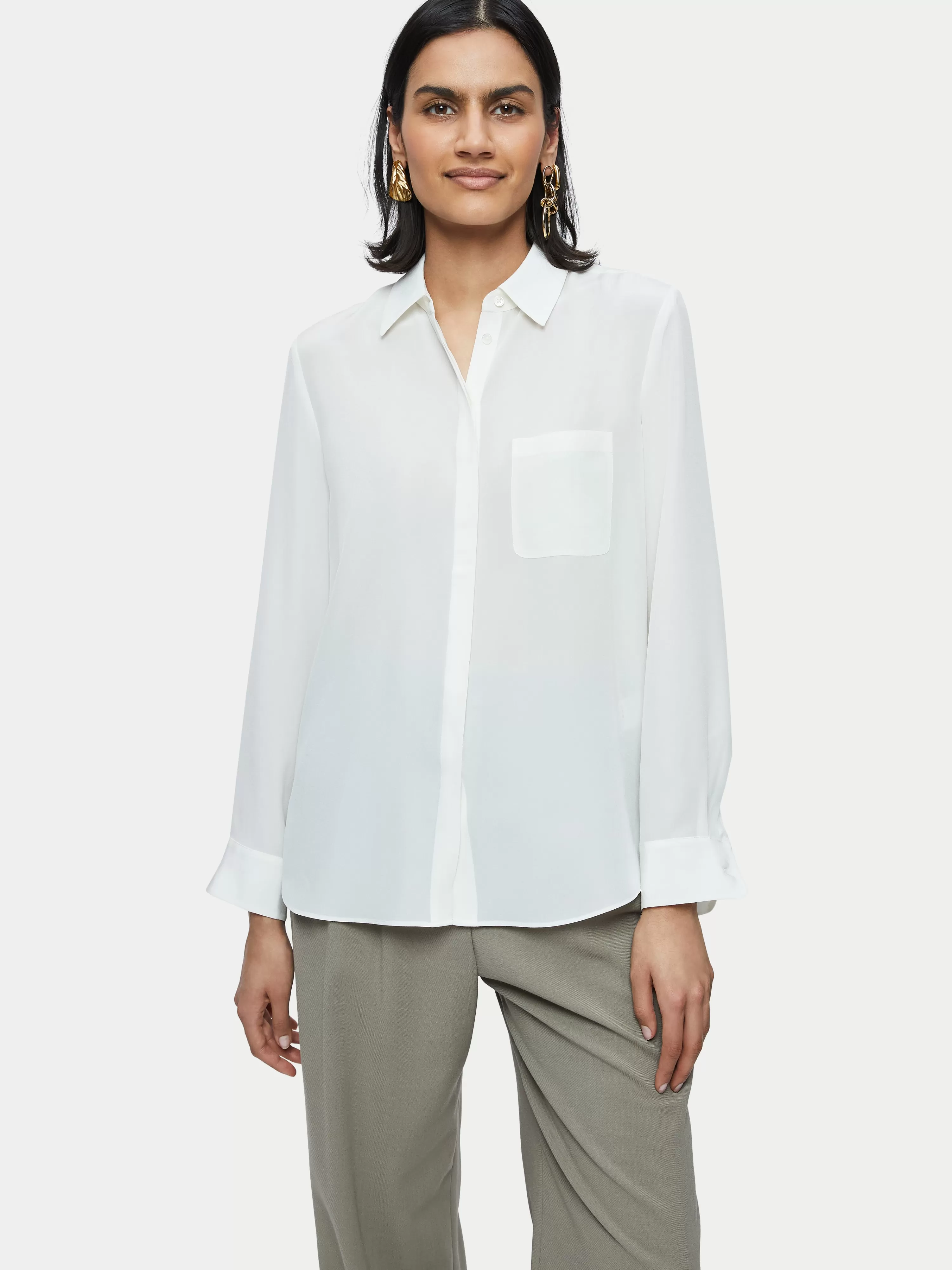 Jigsaw Silk Pocket Long Sleeve Shirt-Women Shirts & Blouses