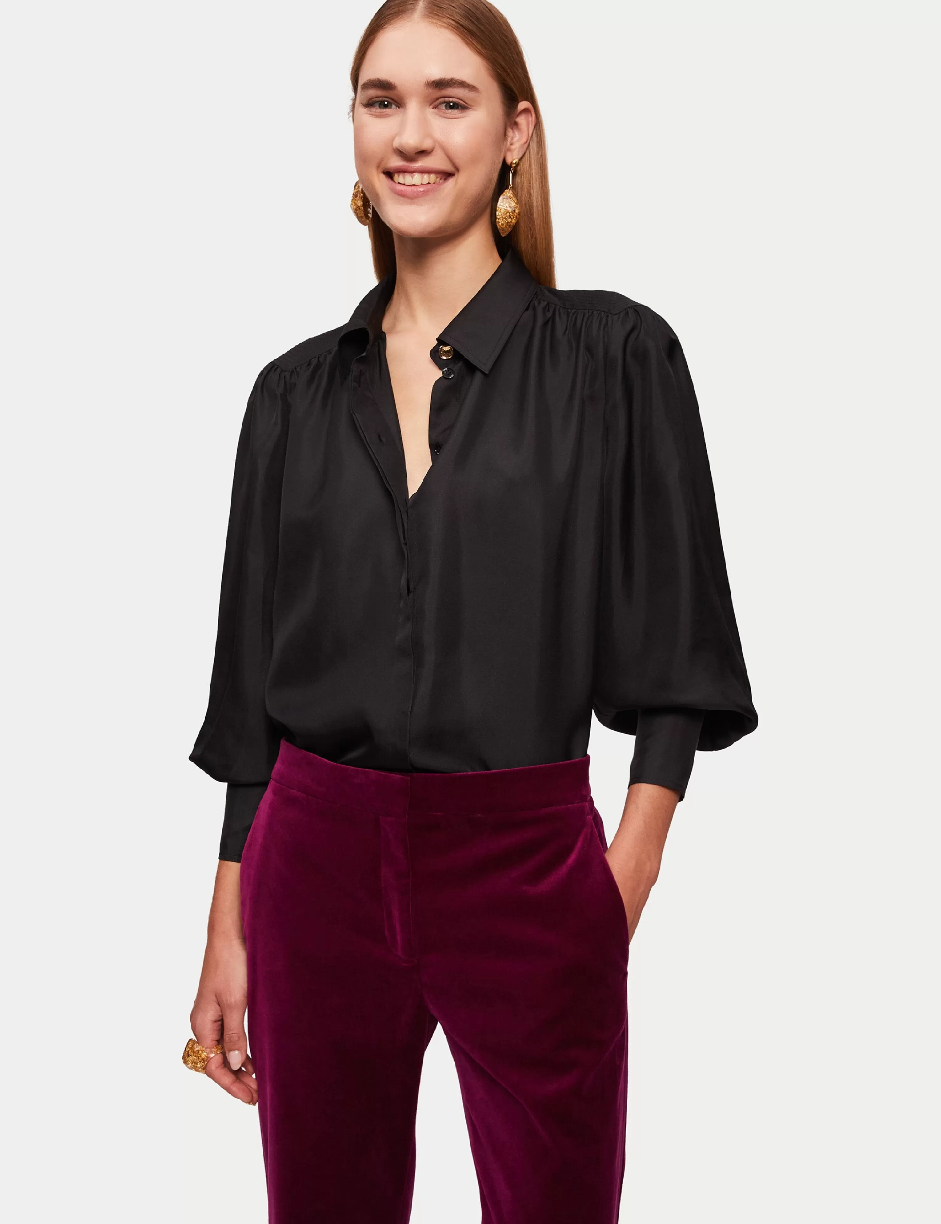 Jigsaw Stitch Detail Silk Shirt-Women Tops