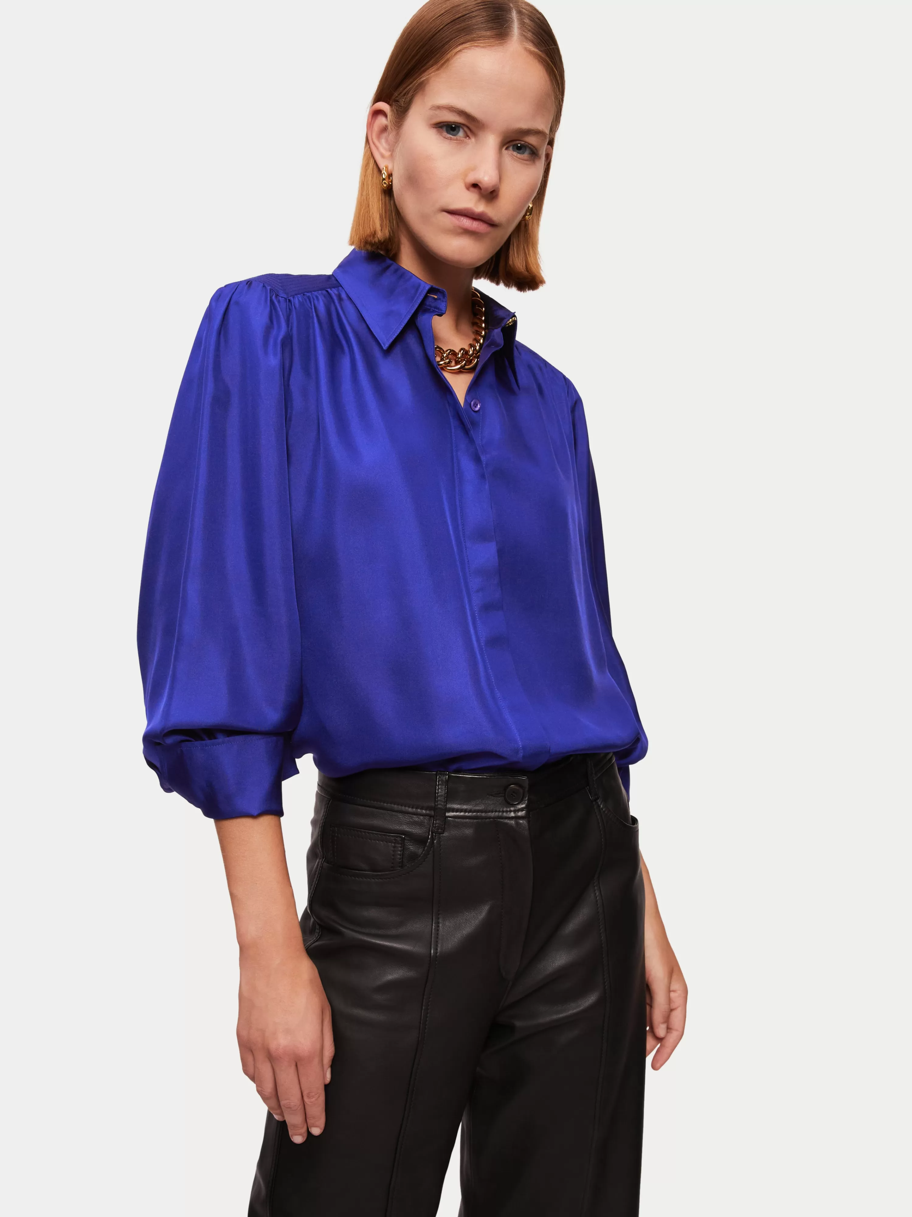 Jigsaw Stitch Detail Silk Shirt-Women Shirts & Blouses