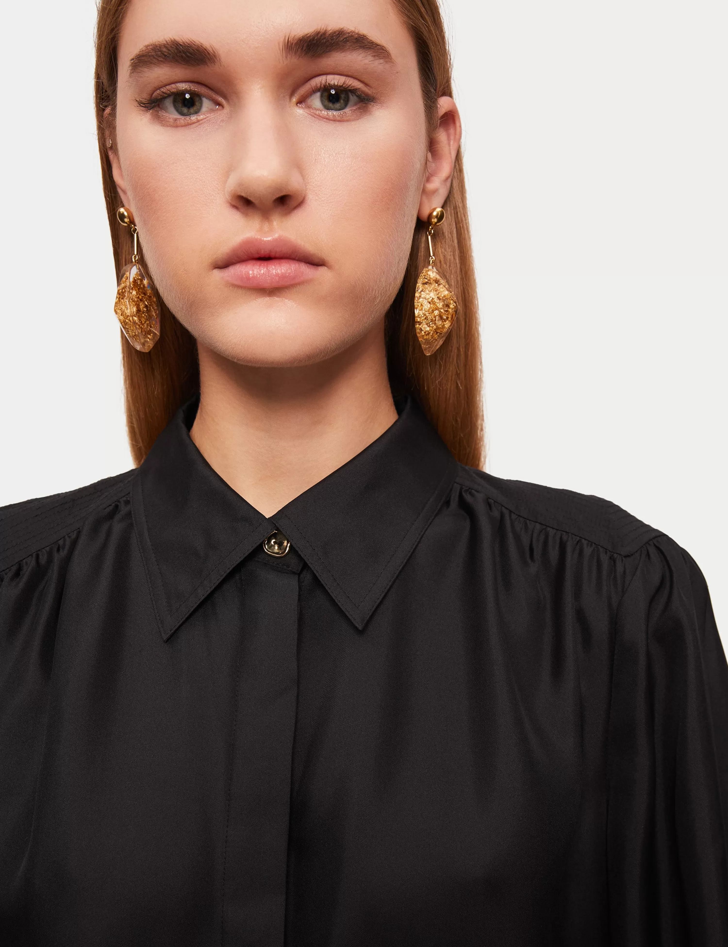 Jigsaw Stitch Detail Silk Shirt-Women Tops