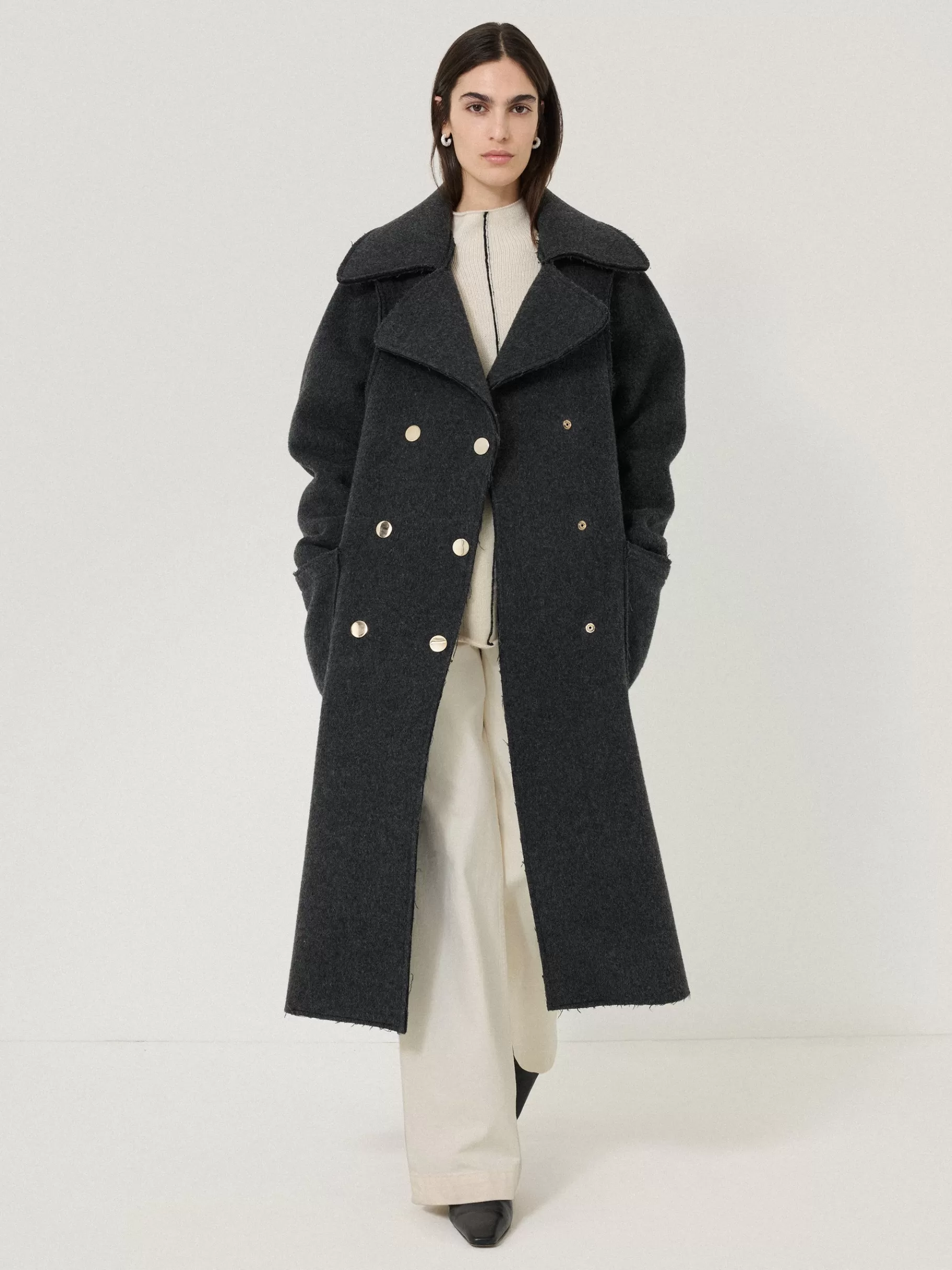 Jigsaw Coats & Jackets-Italian Wool Raw Edge Coat Charcoal