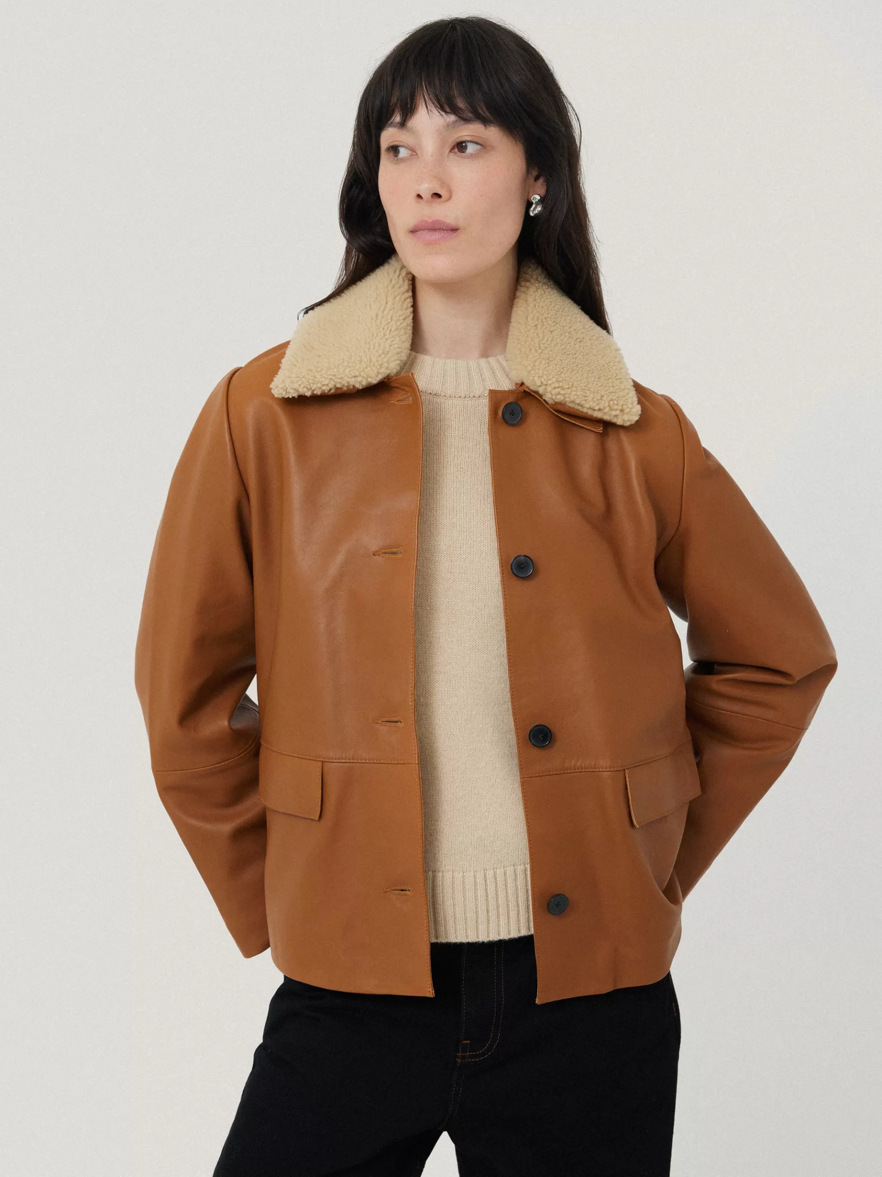 Jigsaw Leather | Coats & Jackets-Leather Cropped Jacket Ginger