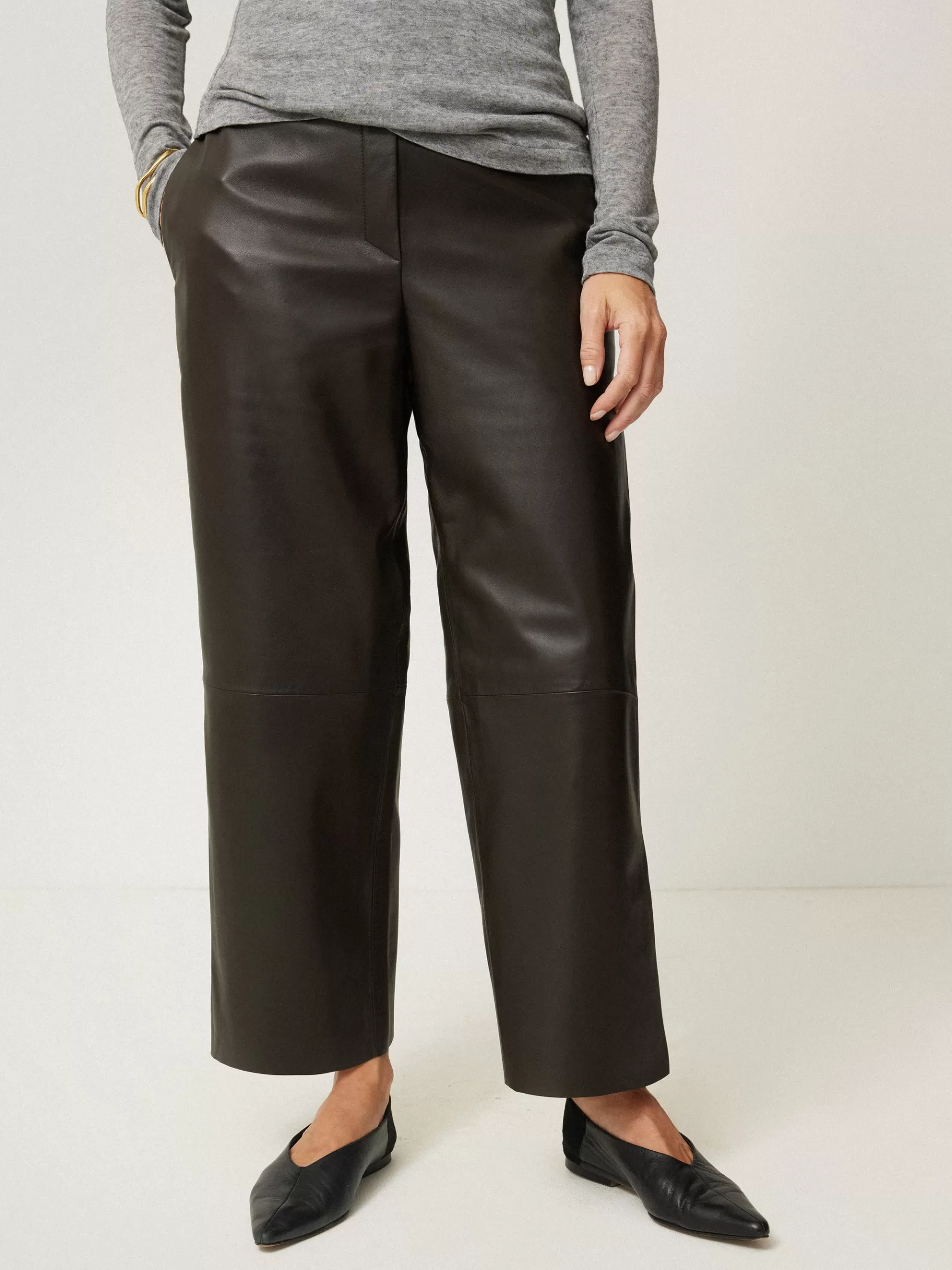 Jigsaw Trousers | Co-ords-Leather Flat Front Trouser DarkOlive