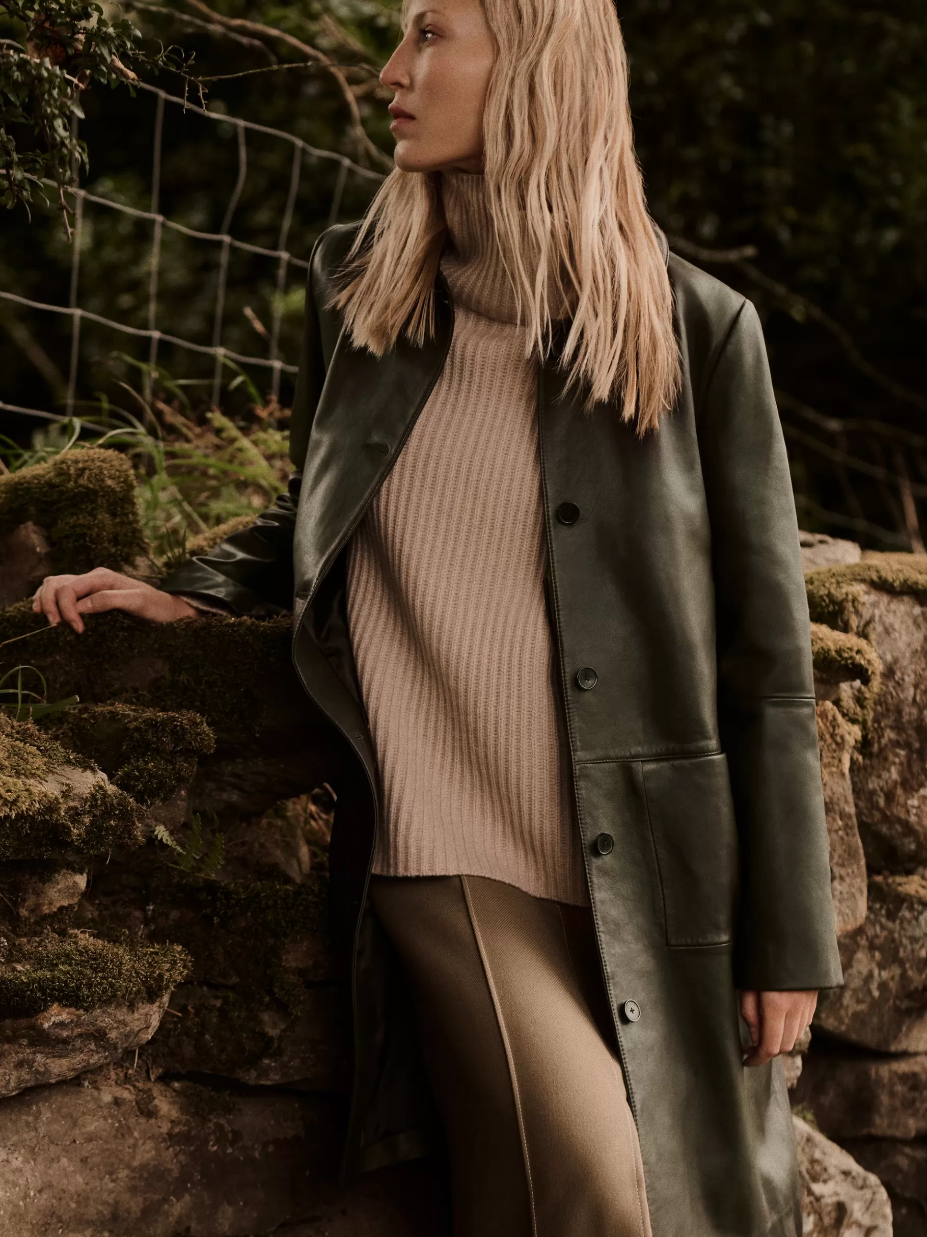 Jigsaw Leather | Coats & Jackets-Leather Knee Length Coat Green
