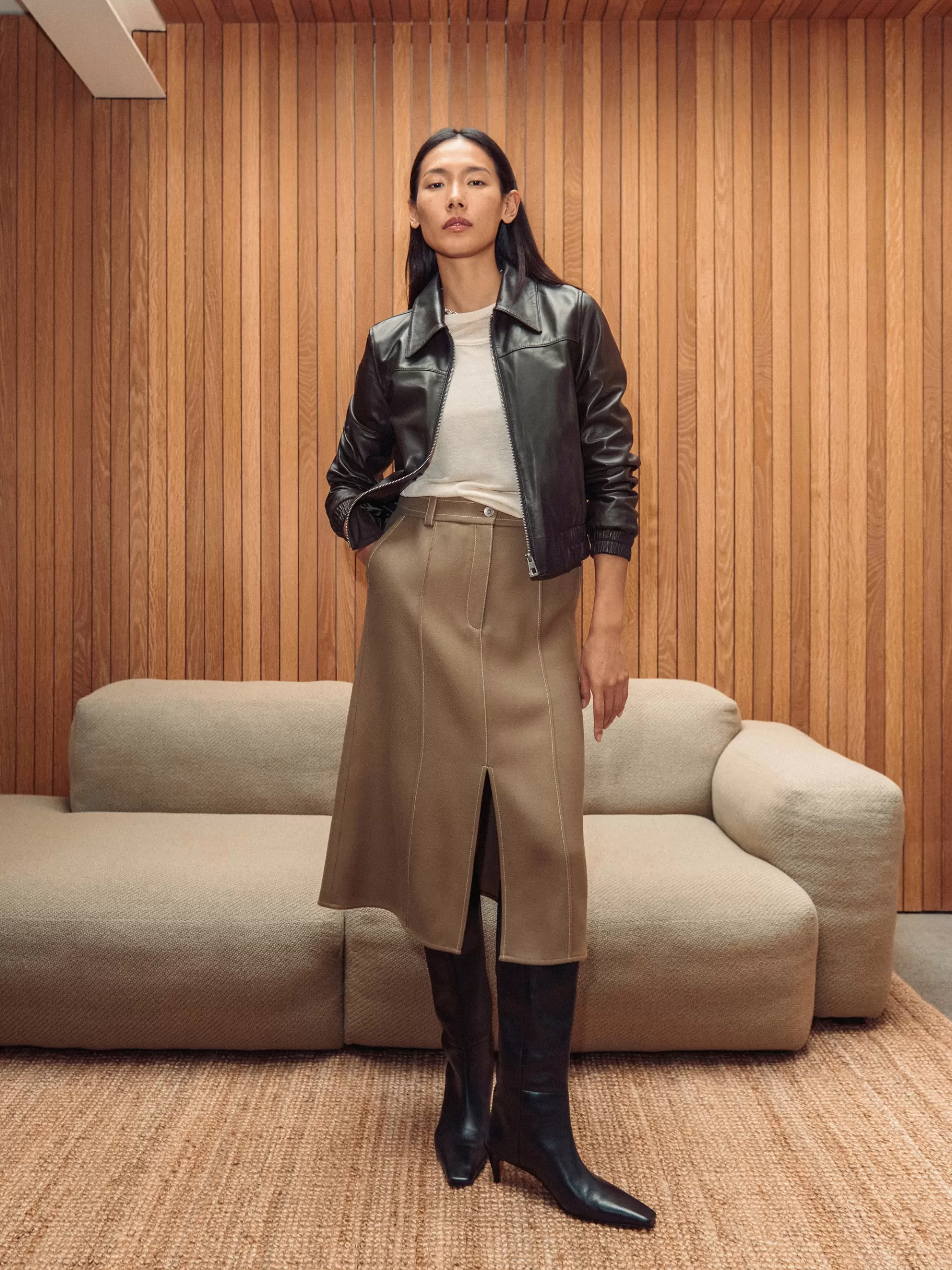 Jigsaw Co-ords | Leather-Leather Zip Front Biker DarkOlive