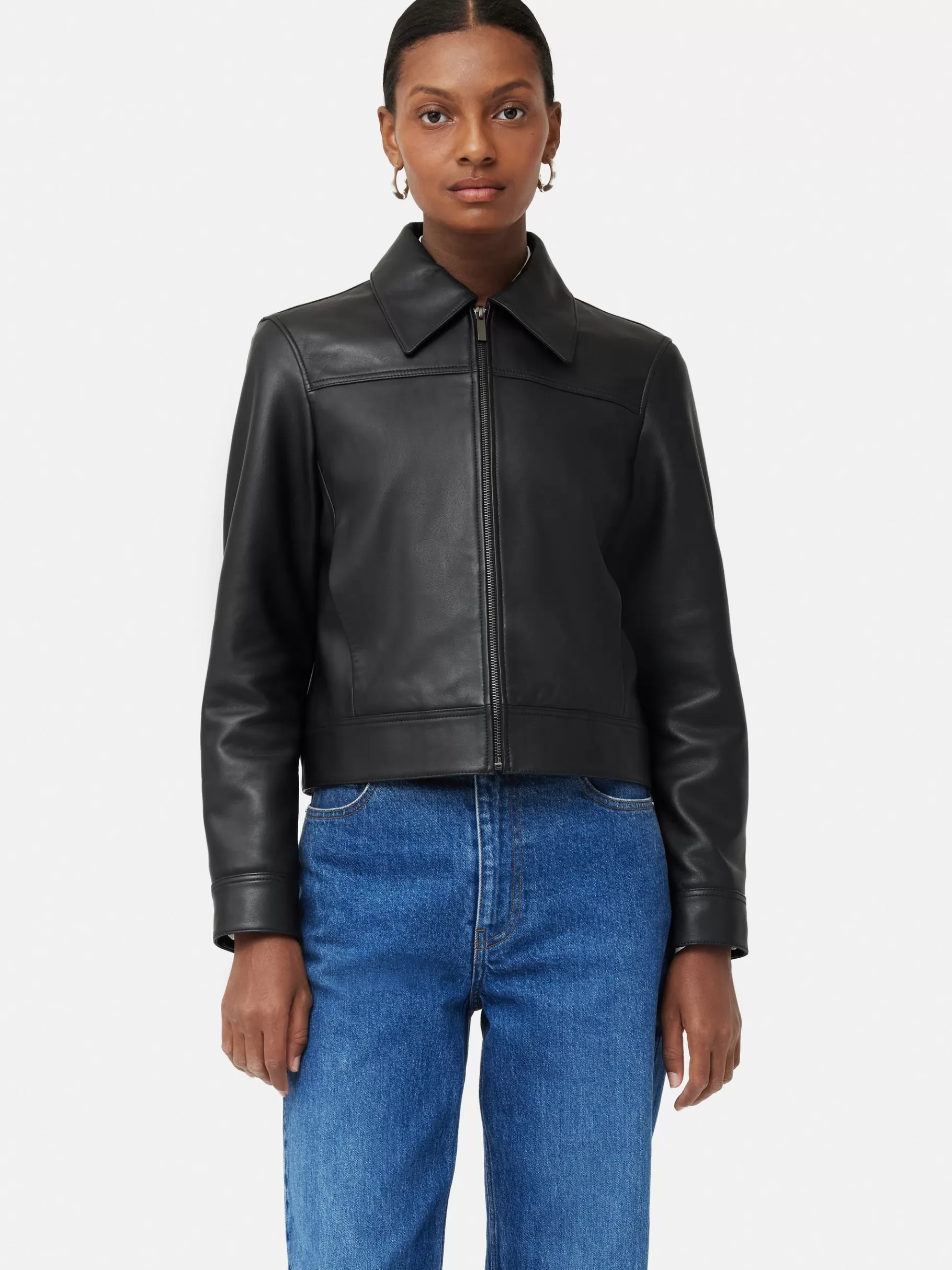 Jigsaw Leather | Coats & Jackets-Zip Front Leather Biker Jacket Black