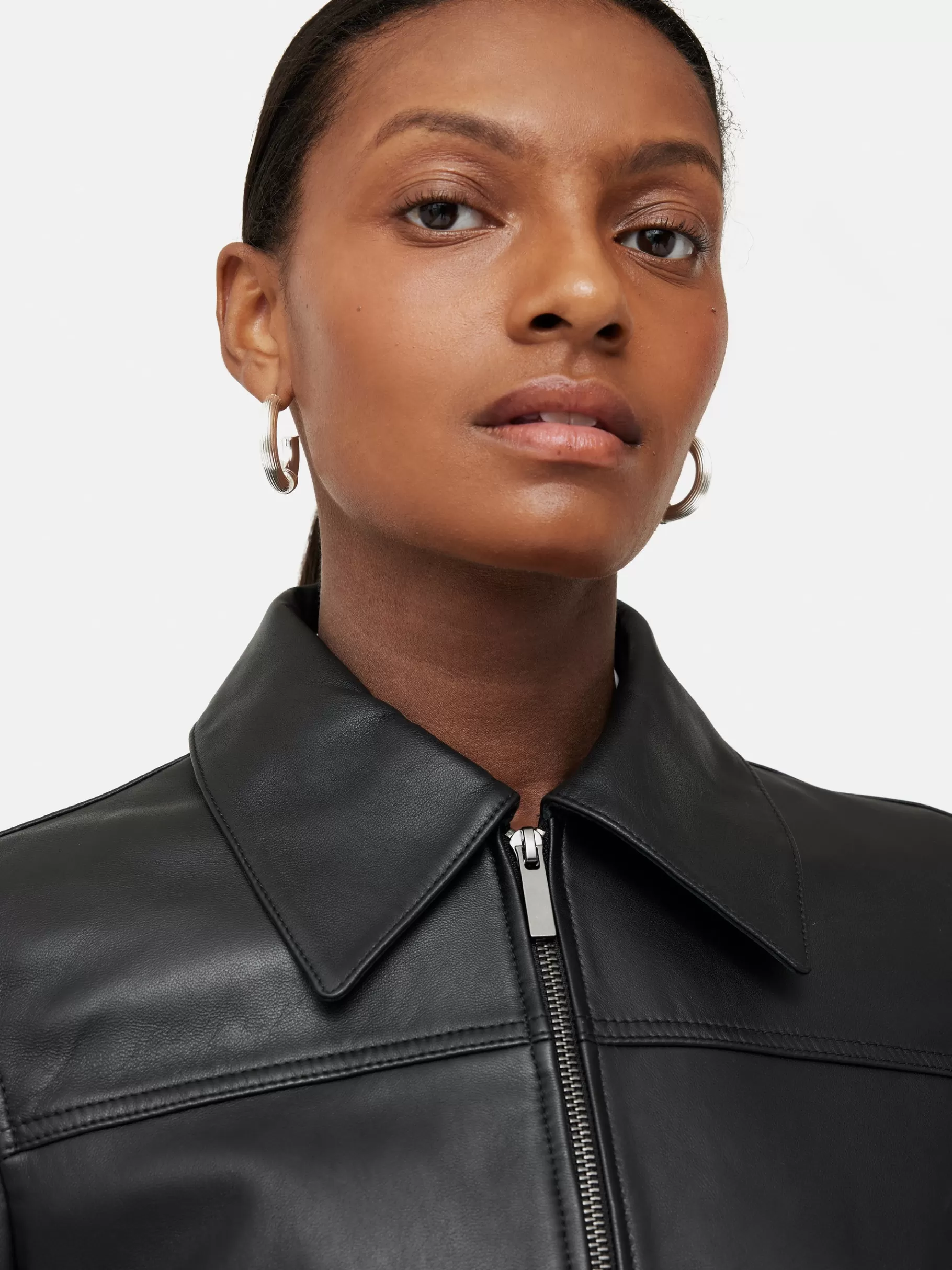 Jigsaw Leather | Coats & Jackets-Zip Front Leather Biker Jacket Black